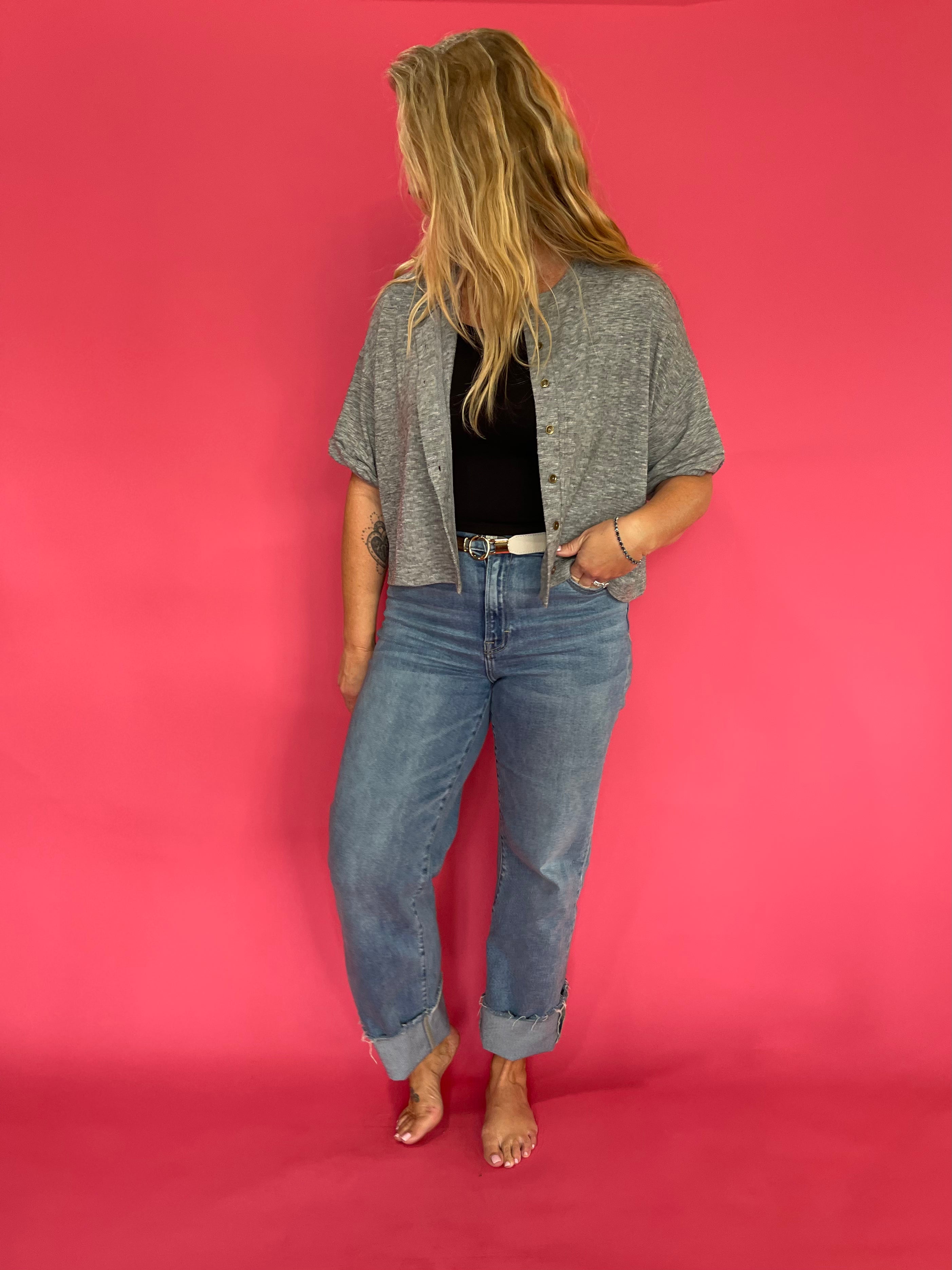 Short Sleeve Button Knit Top