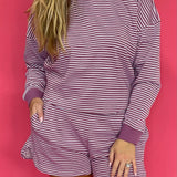 Striped French Terry Crewneck &Shorts Set in Mulberry