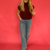 Wine Ribbed Mock Neck Cap-Sleeve Sweater