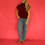 Wine Ribbed Mock Neck Cap-Sleeve Sweater