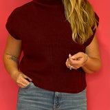 Wine Ribbed Mock Neck Cap-Sleeve Sweater