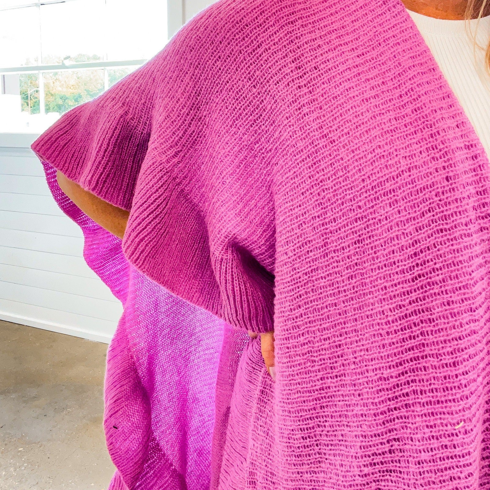 Shawna Knitted Ruffled Sleeve Shawl in Fuchsia
