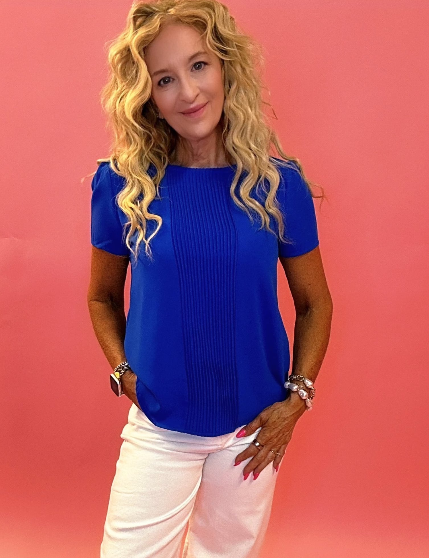 Prim And Proper Front Pleat Short Sleeve Top in Blue