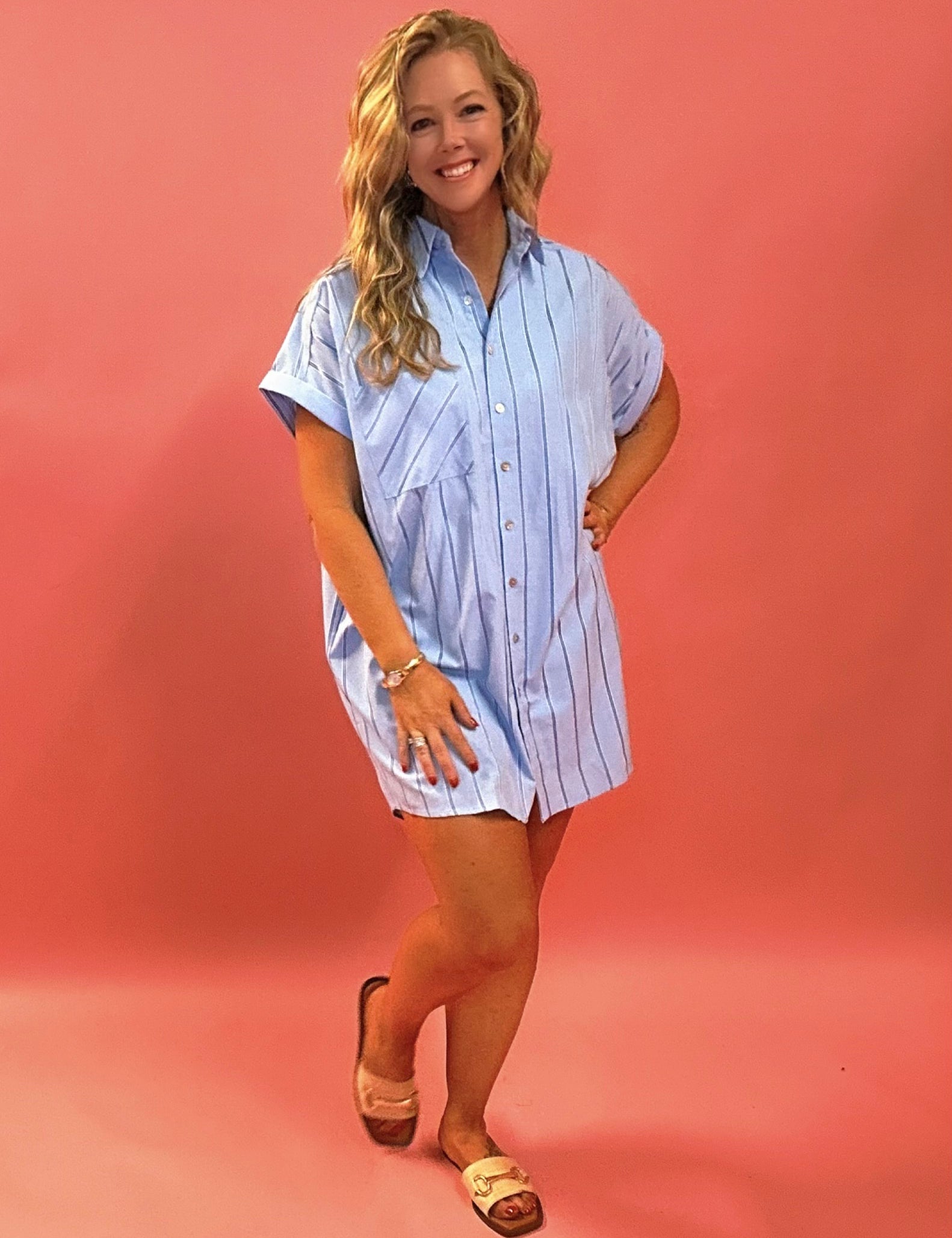 Make It Known Striped Button Down Dress in Blue