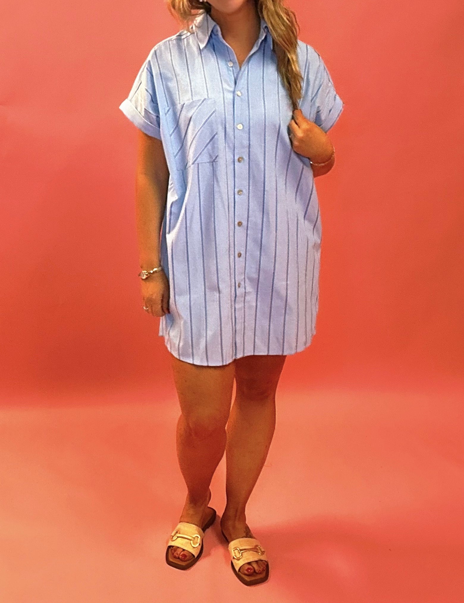 Make It Known Striped Button Down Dress in Blue