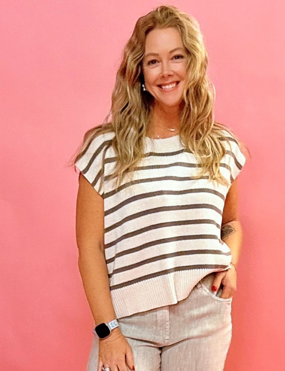 Lorisa Striped Sleeveless Sweater in Taupe