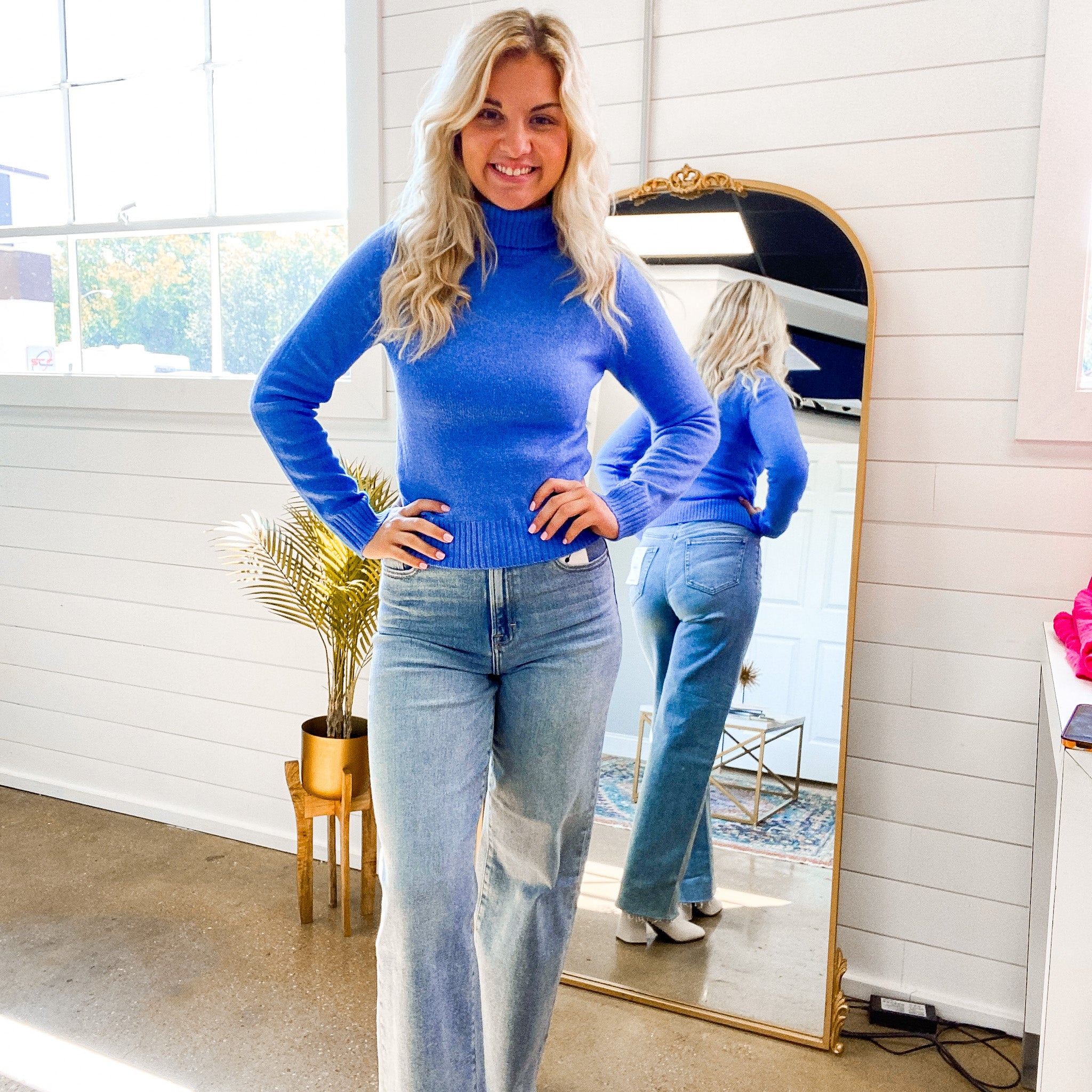 Whitney Long Sleeve Turtle Neck Knit Top in Blue