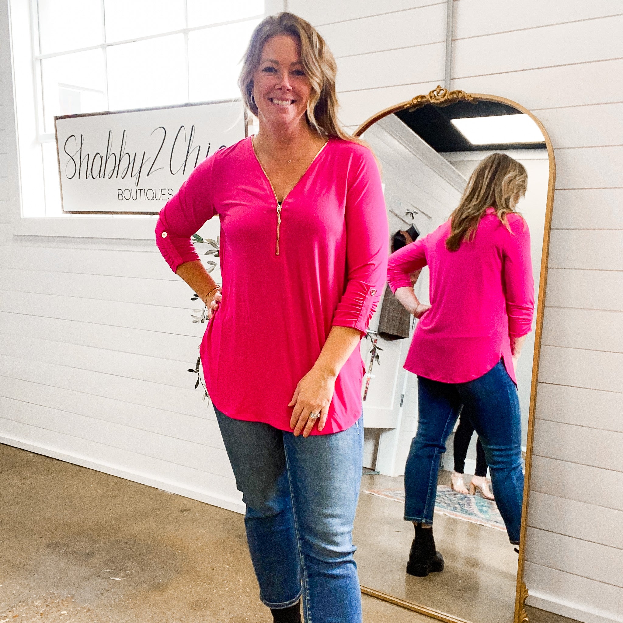Live in the Moment Zipper V-Neck Top in Pink
