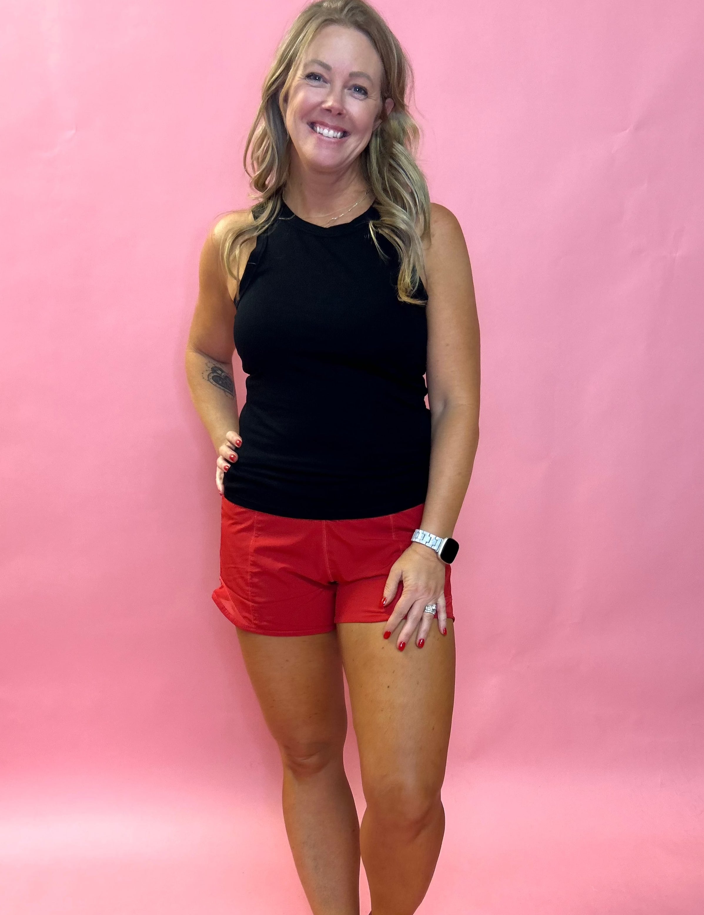 Athletic Shorts with Side Mesh Detail in True Red