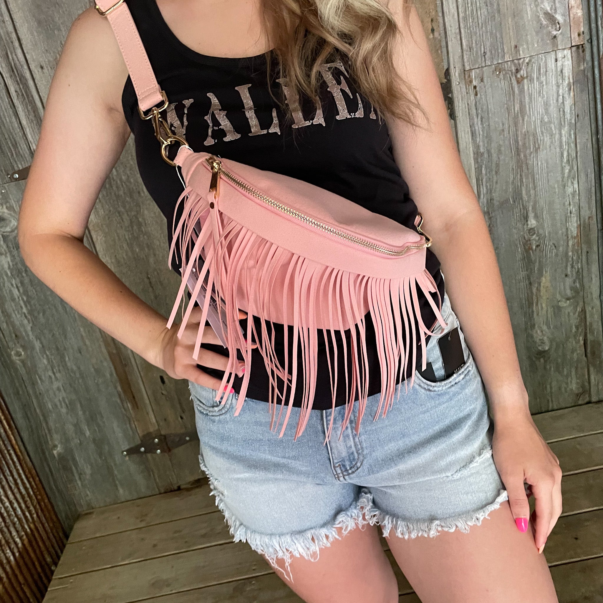 Suede Removeable Fringe Fanny Pack in Pink