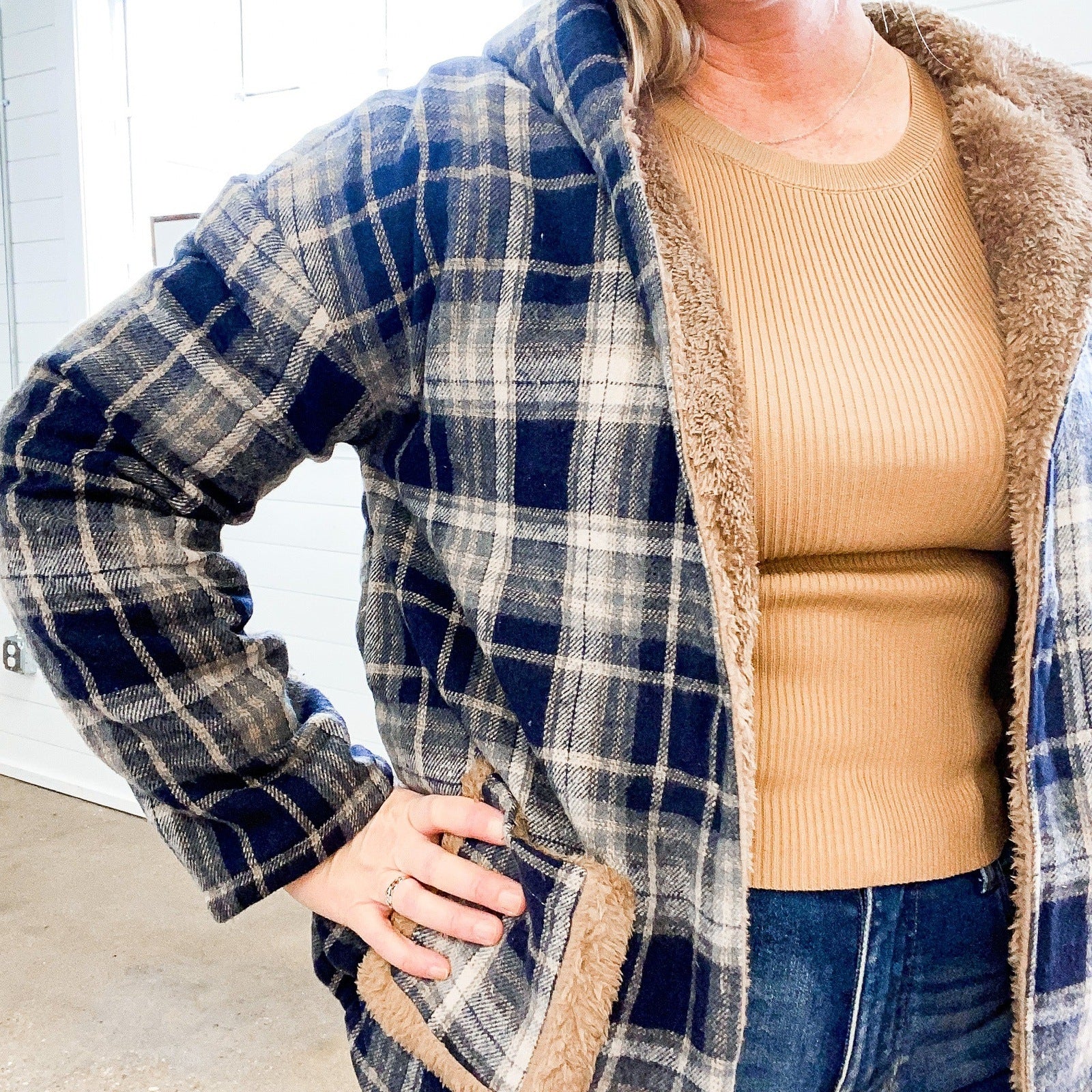 Lydia Plaid Sherpa Jacket in Blue