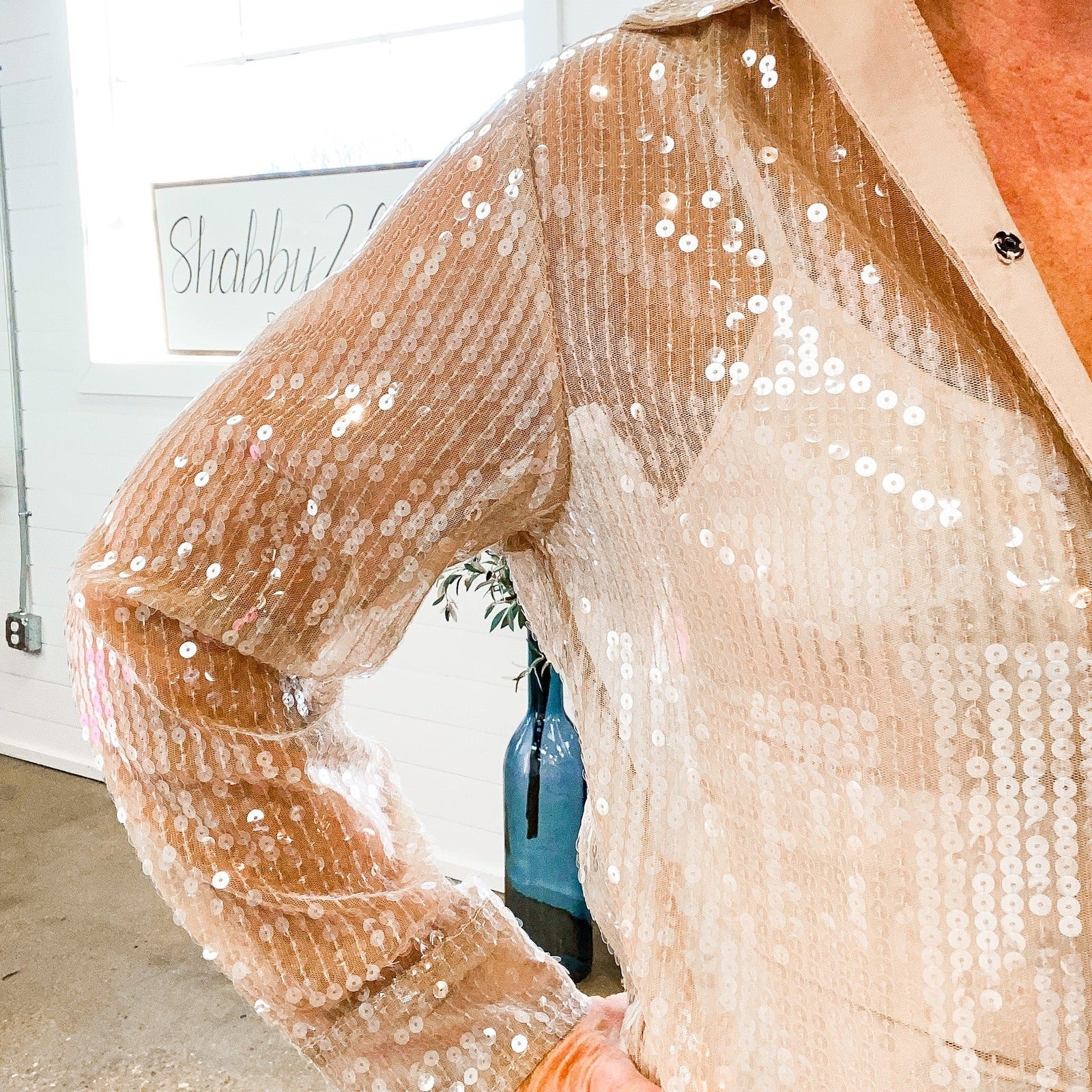 Sabrina Button Down Sequin Top in Taupe