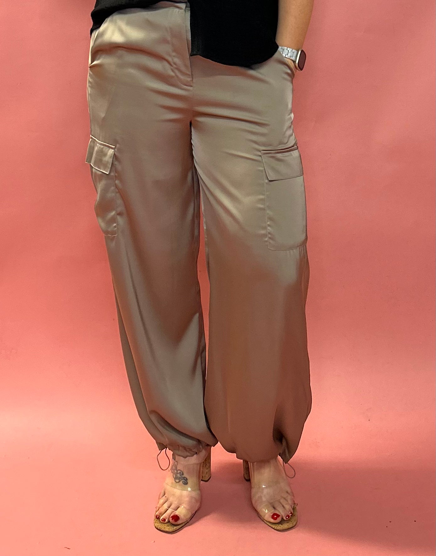 Alana Pocketed Satin Cargo Joggers in Taupe