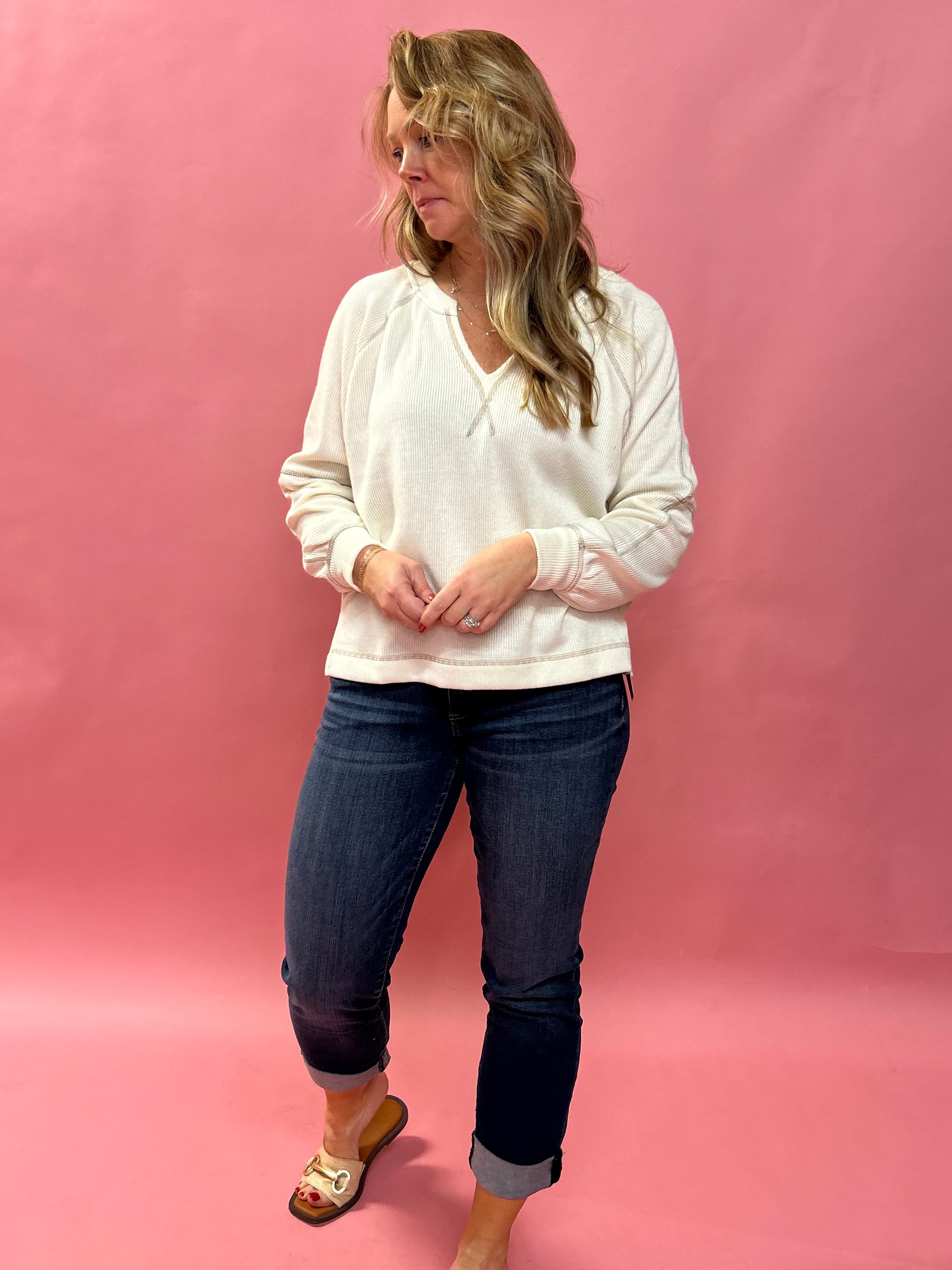 Ramey Split Neck Long Sleeve Knit Top in Taupe