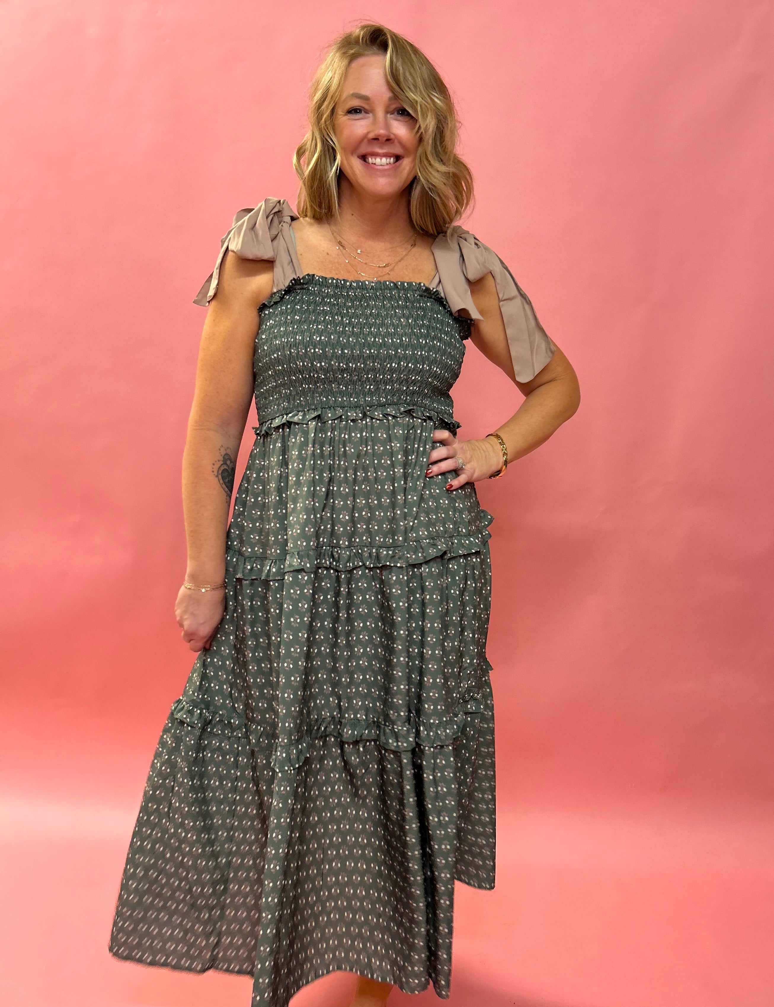 Back to Fall Tiered Midi Dress in Olive