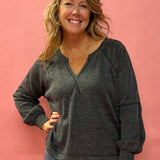 Ramey Split Neck Long Sleeve Knit Top in Grey