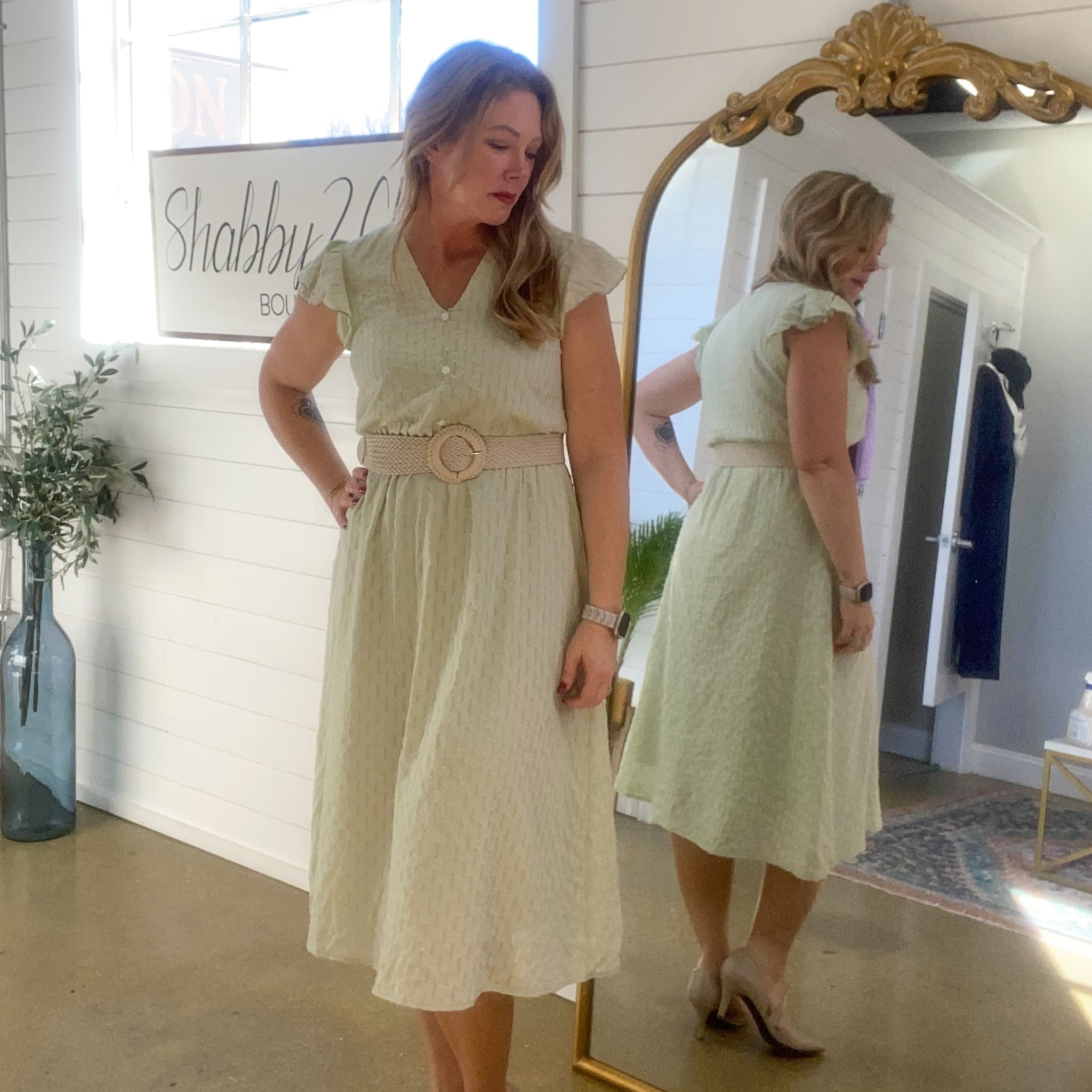 Here I Come Flutter Sleeve Dress in Mint