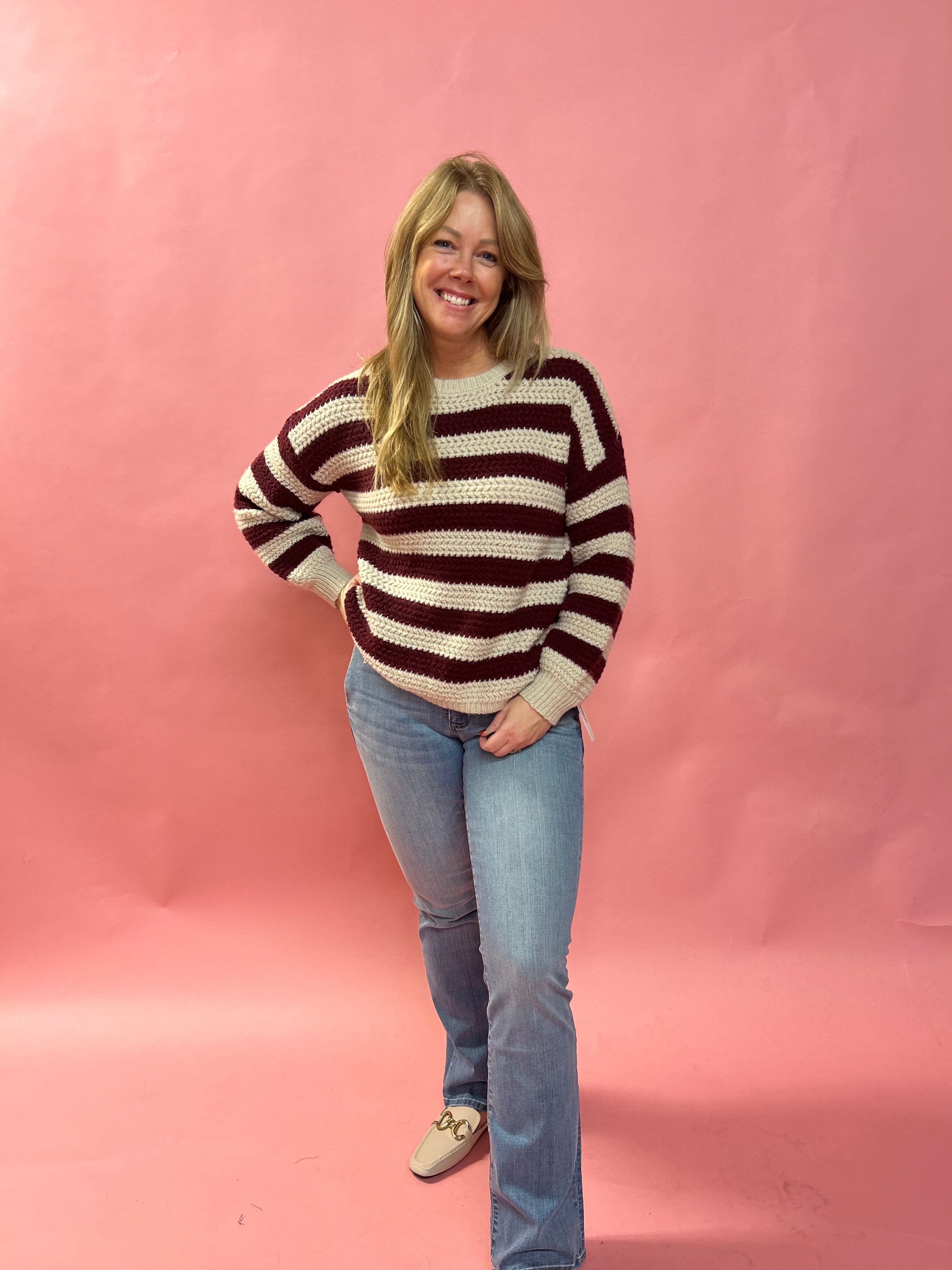 Striped Interaced Sweater in Burgundy