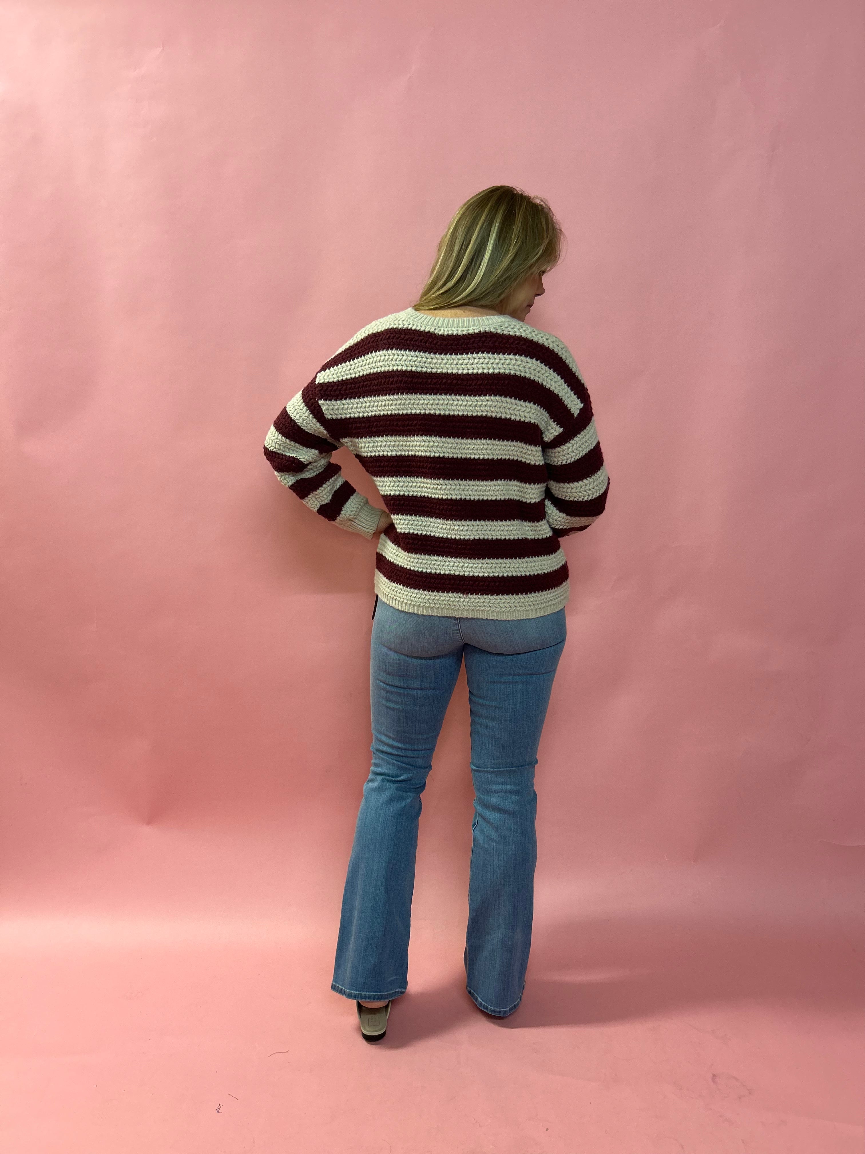 Striped Interaced Sweater in Burgundy