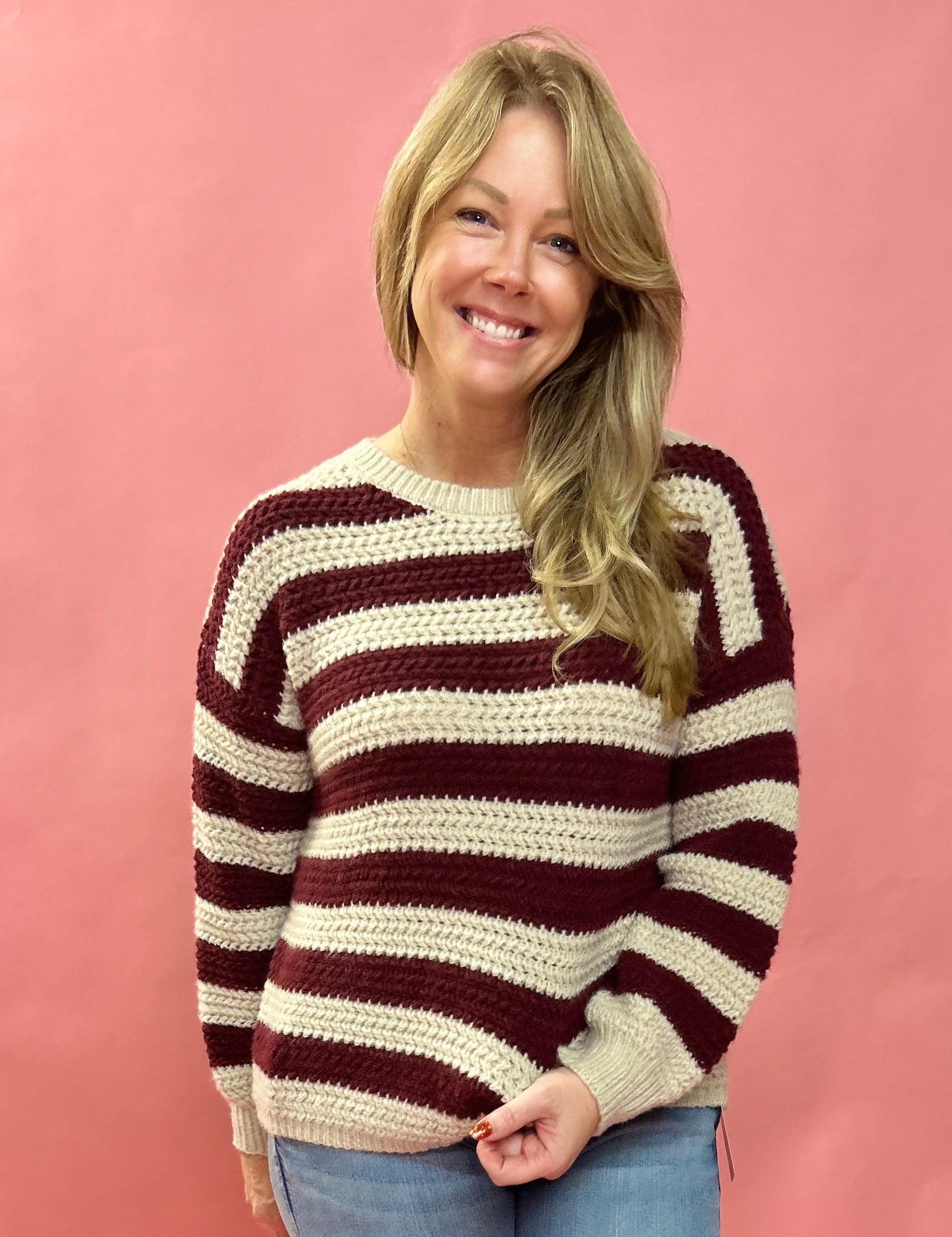 Striped Interaced Sweater in Burgundy