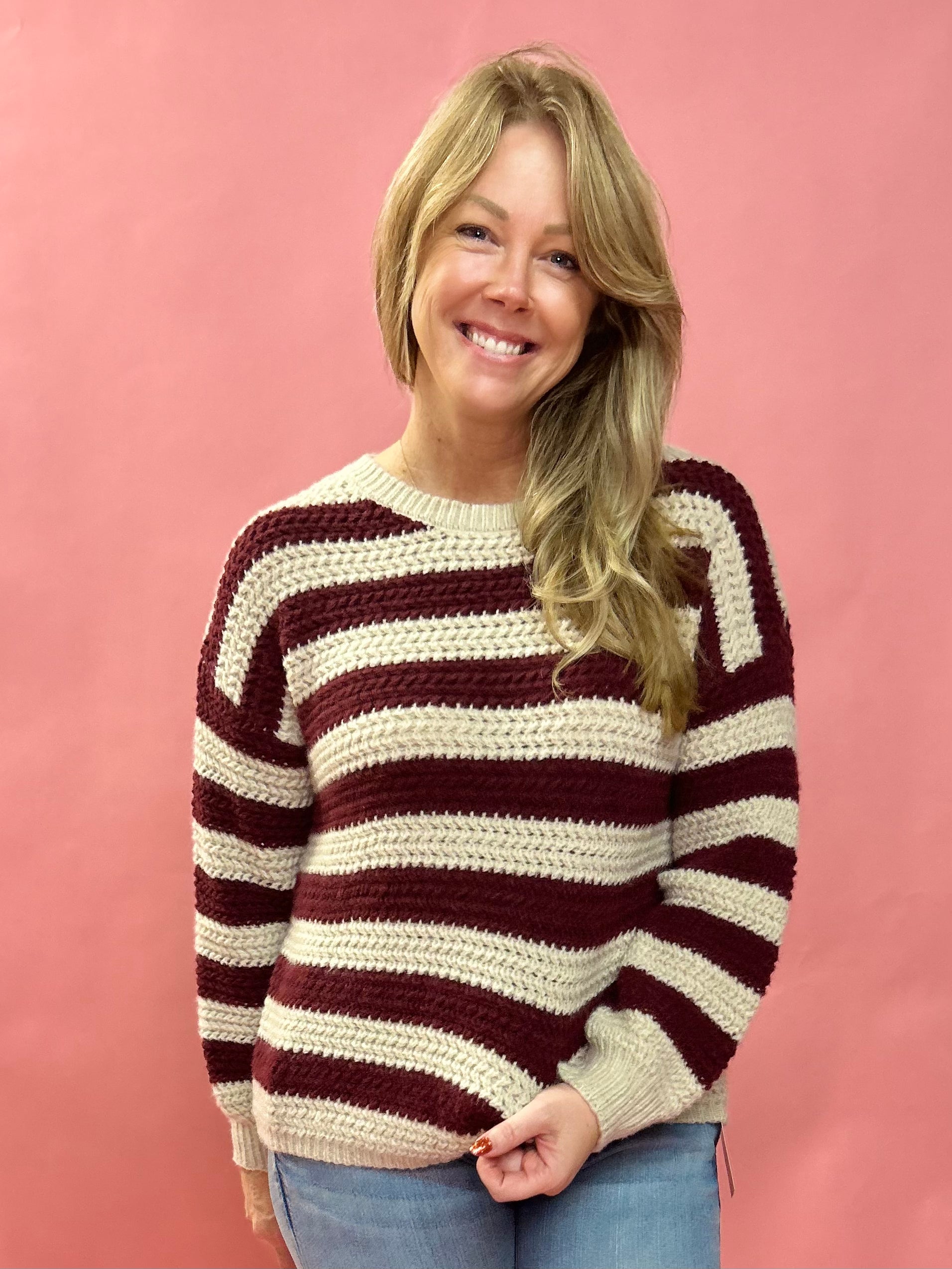 Striped Interaced Sweater in Burgundy