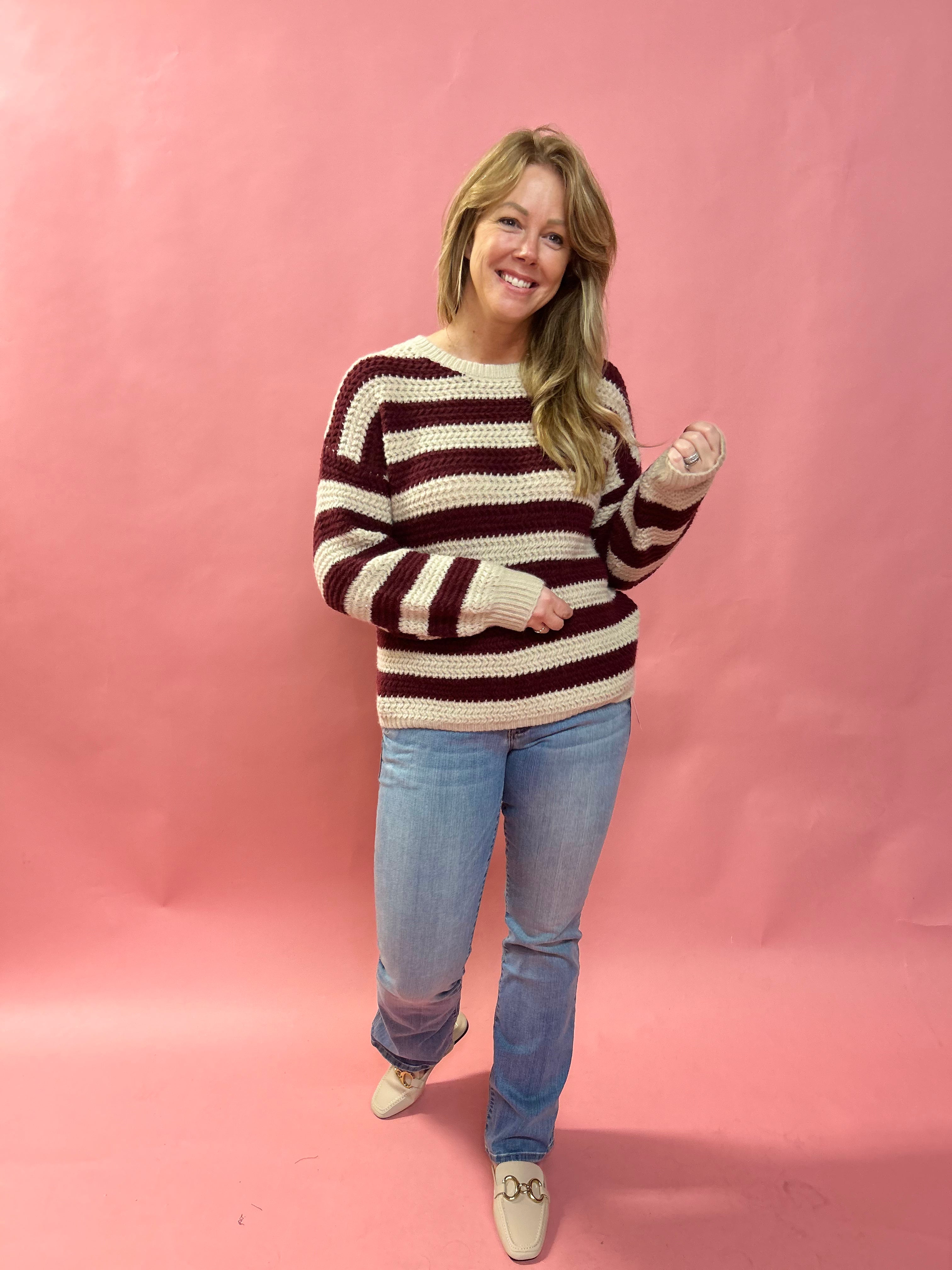 Striped Interaced Sweater in Burgundy