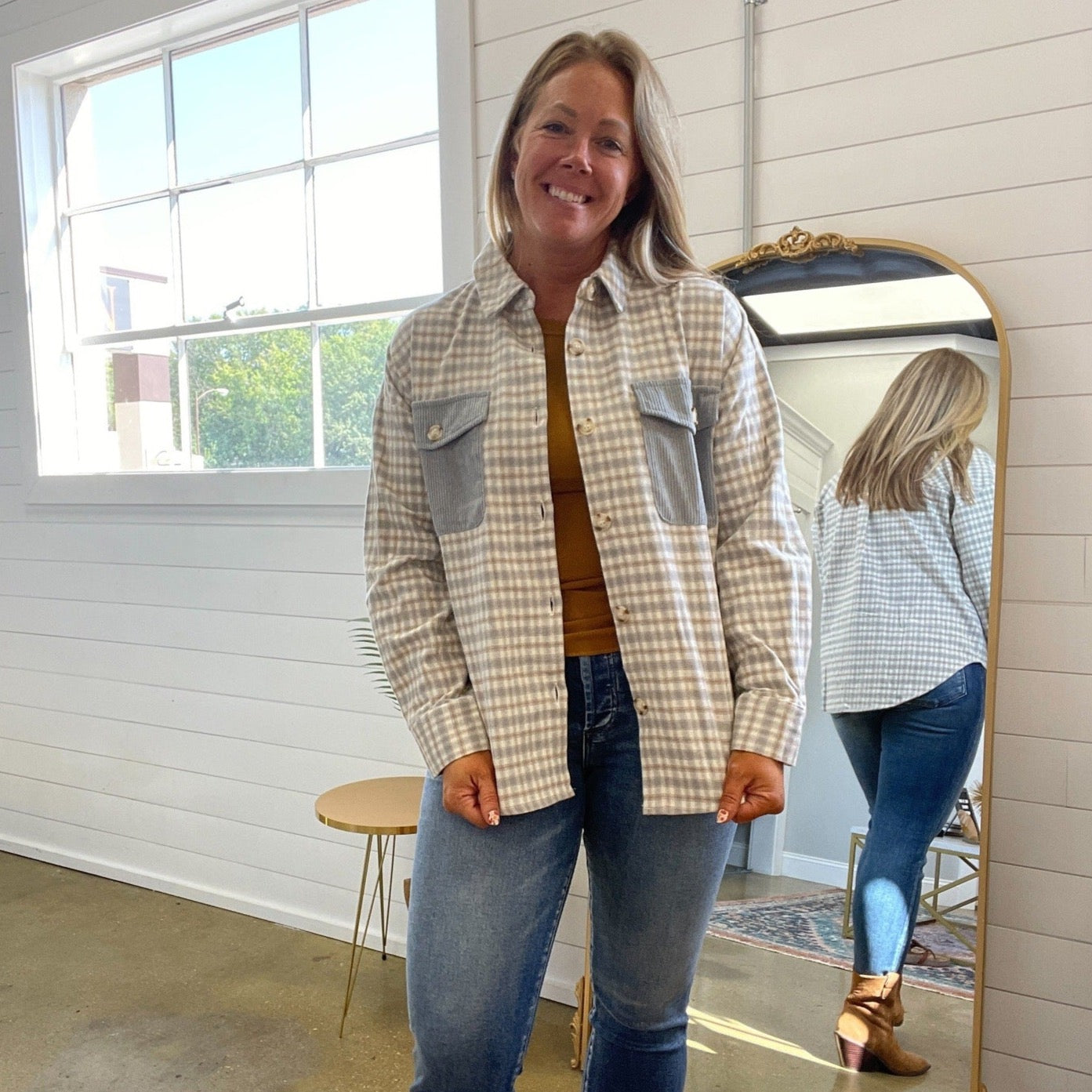 Inez Contrast Plaid Shacket in Taupe