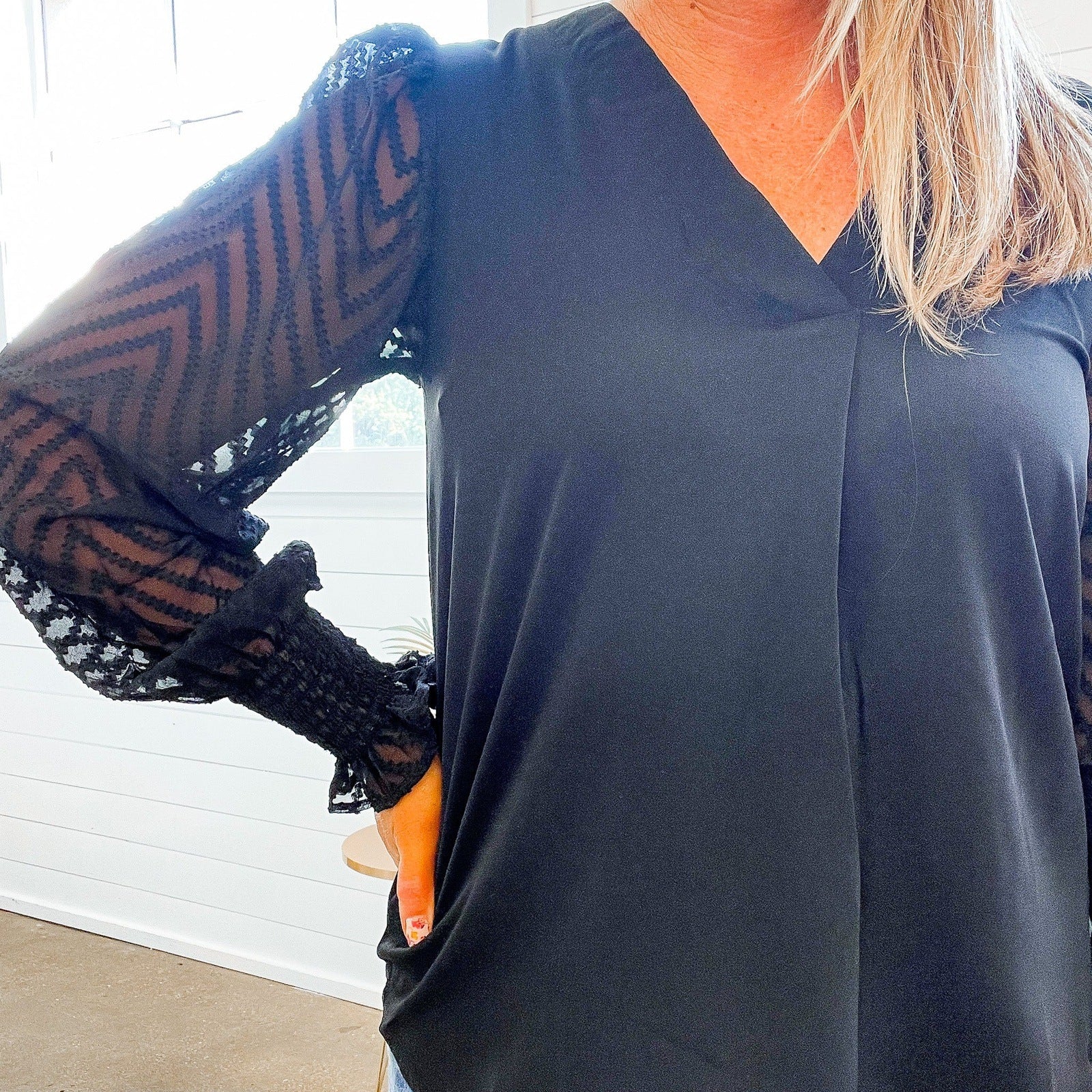 Sheryl Sheer Sleeve V-Neck Top in Black