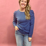 Wilma Shirred Puffed Sleeve Pullover Top in Blue