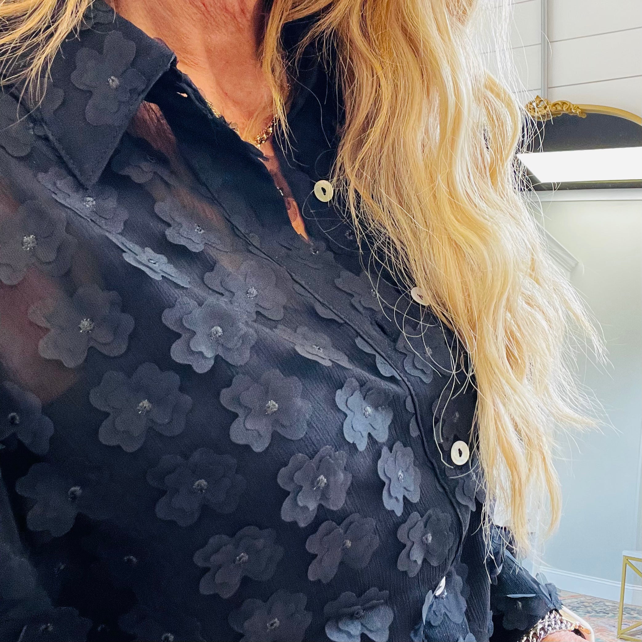 Bonjour Mon Amour Sheer Button Down Top in Black