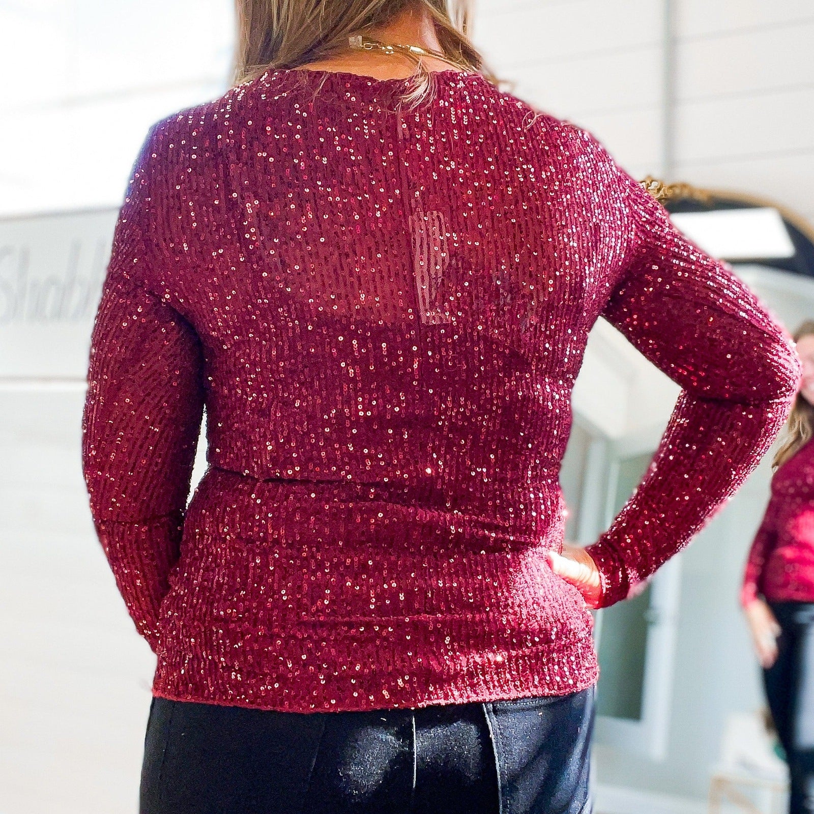 Dreamscape Sequin Long Sleeve Top in Red