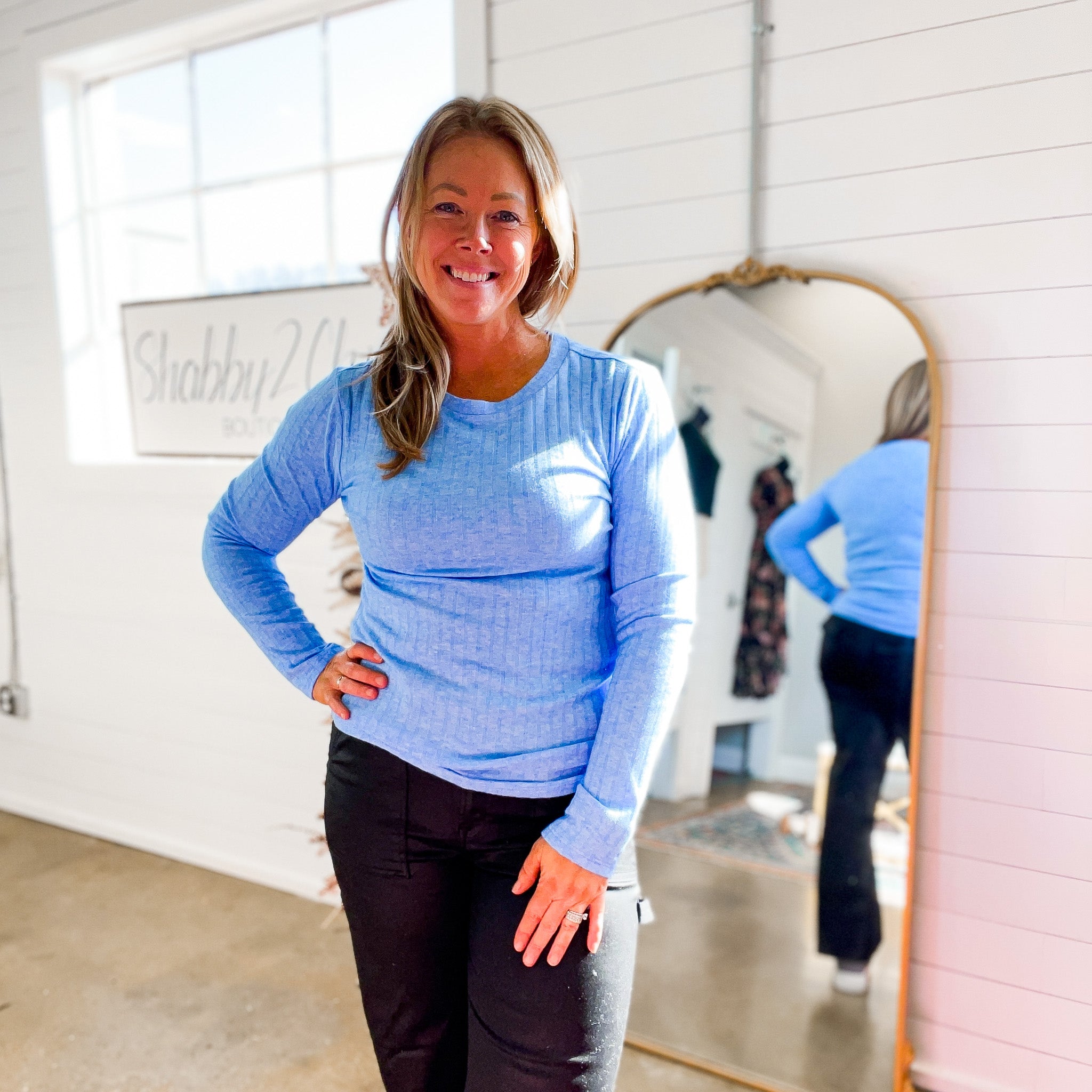 Nevada Ribbed Long Sleeve Top in Blue