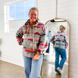 Ashbury Pocketed Aztec Hooded Pullover in Pink