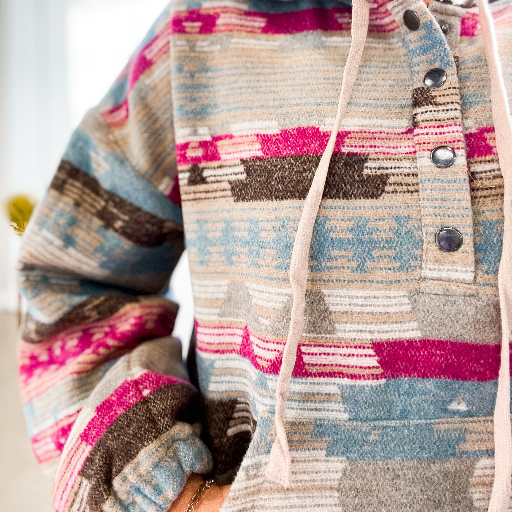 Ashbury Pocketed Aztec Hooded Pullover in Pink