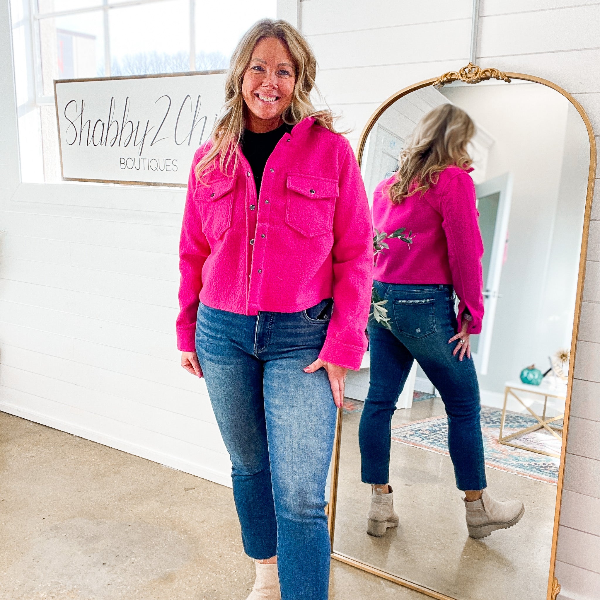 Stacey Snap Button Down Teddy Jacket in Fuchsia