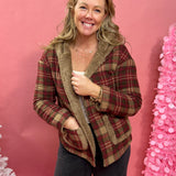 Lydia Plaid Sherpa Jacket in Burgundy