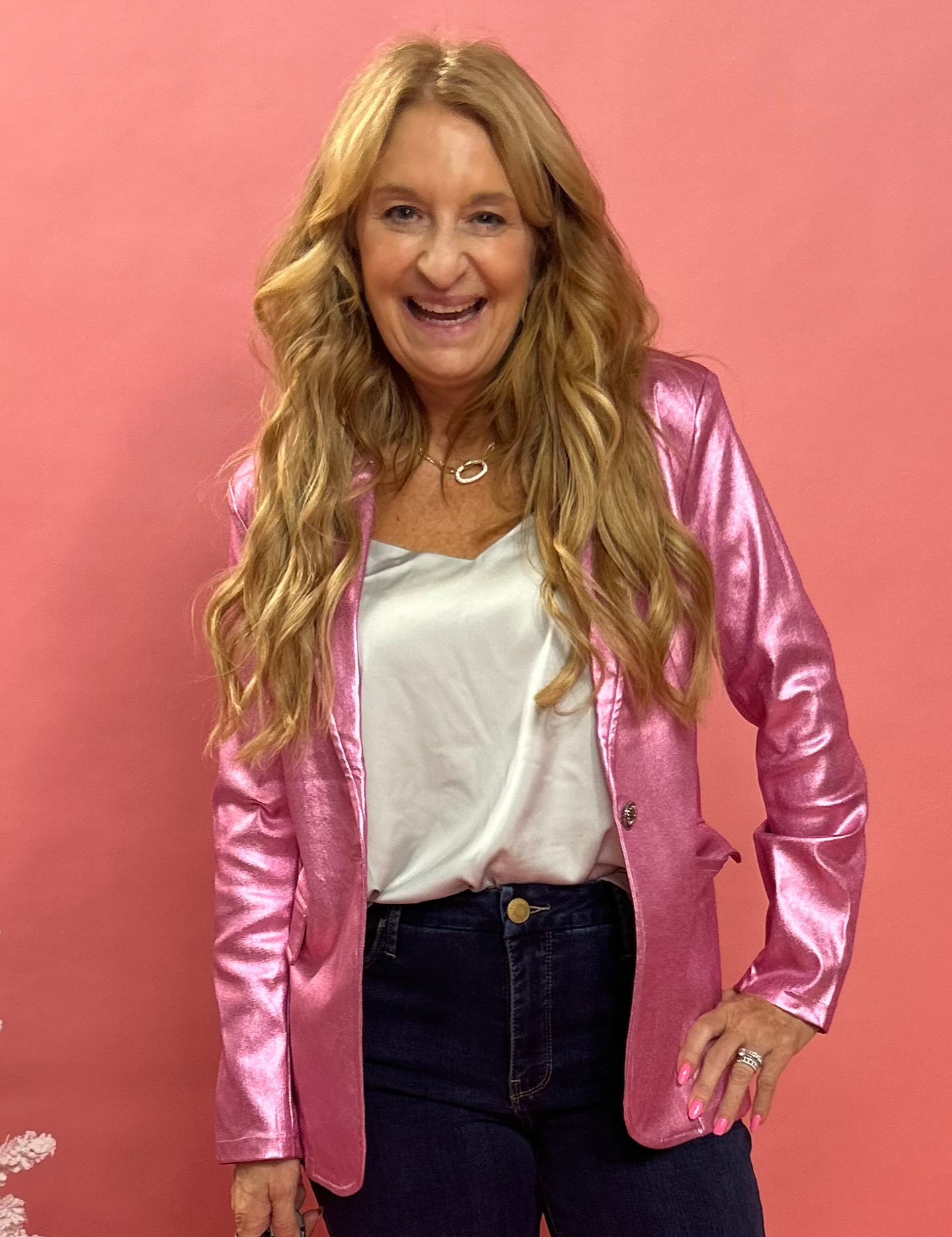 Boss Babe Metallic Faux Leather Blazer Pink