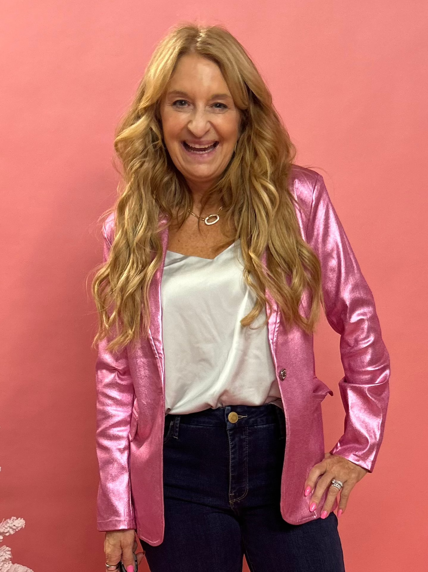 Boss Babe Metallic Faux Leather Blazer Pink