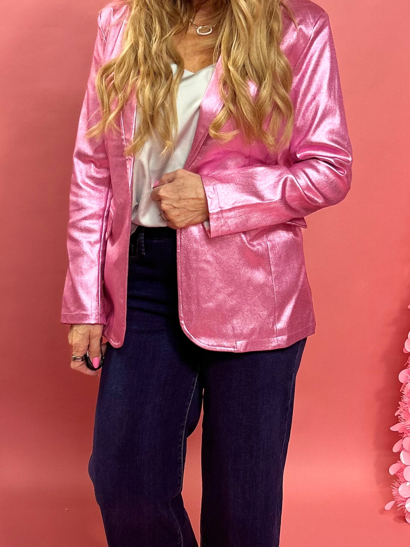 Boss Babe Metallic Faux Leather Blazer Pink