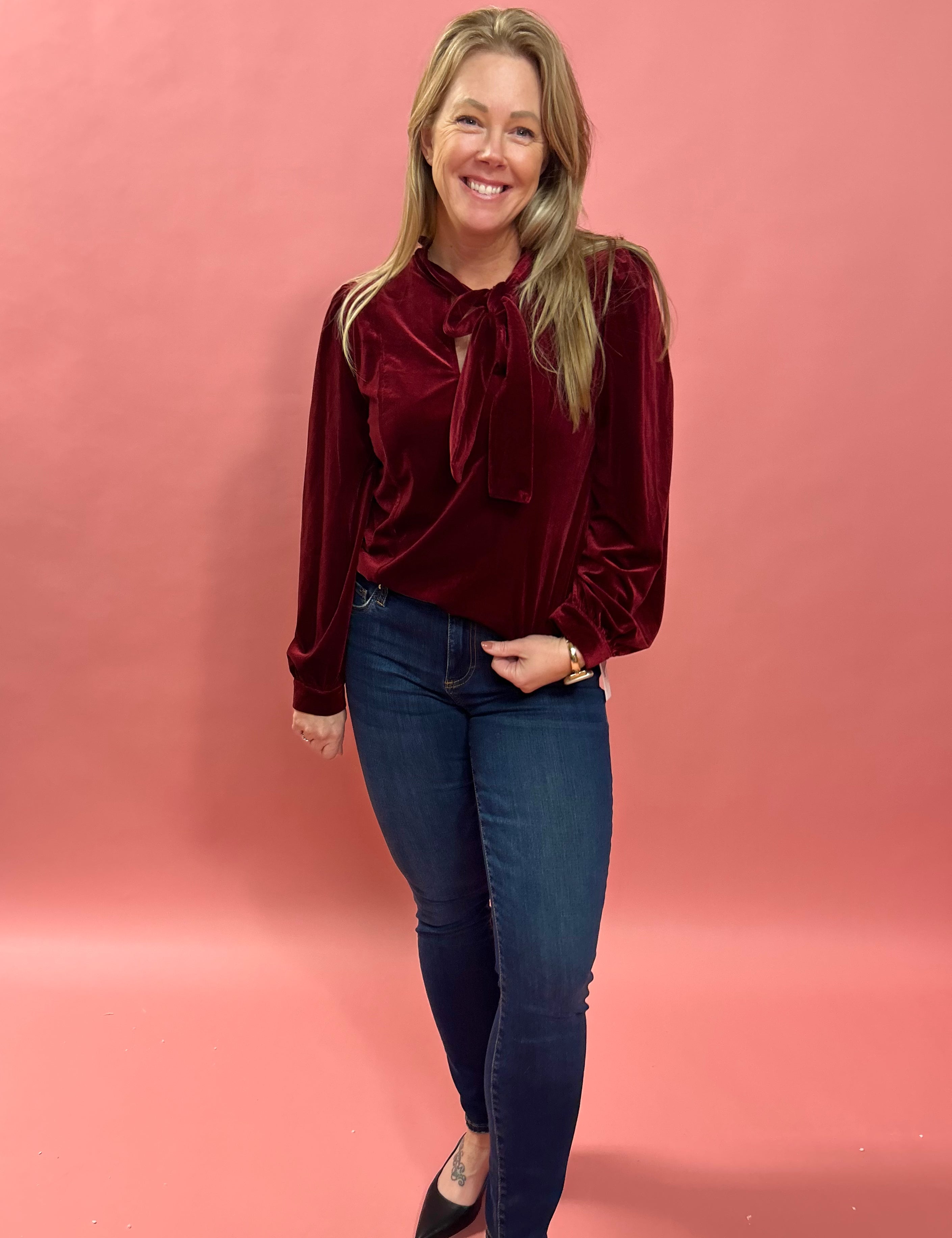 Walker Front Tie Velvet Blouse in Burgundy