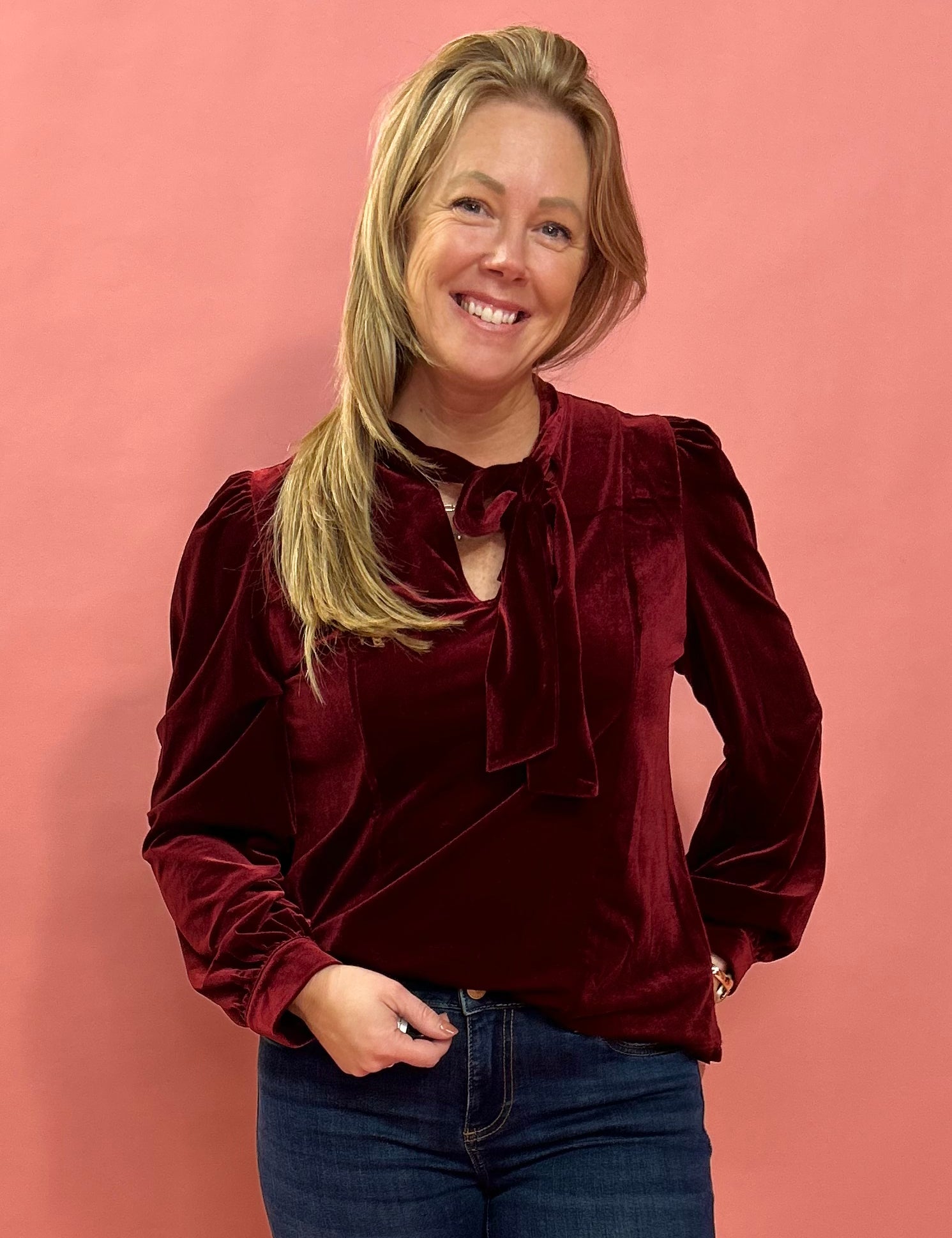 Walker Front Tie Velvet Blouse in Burgundy