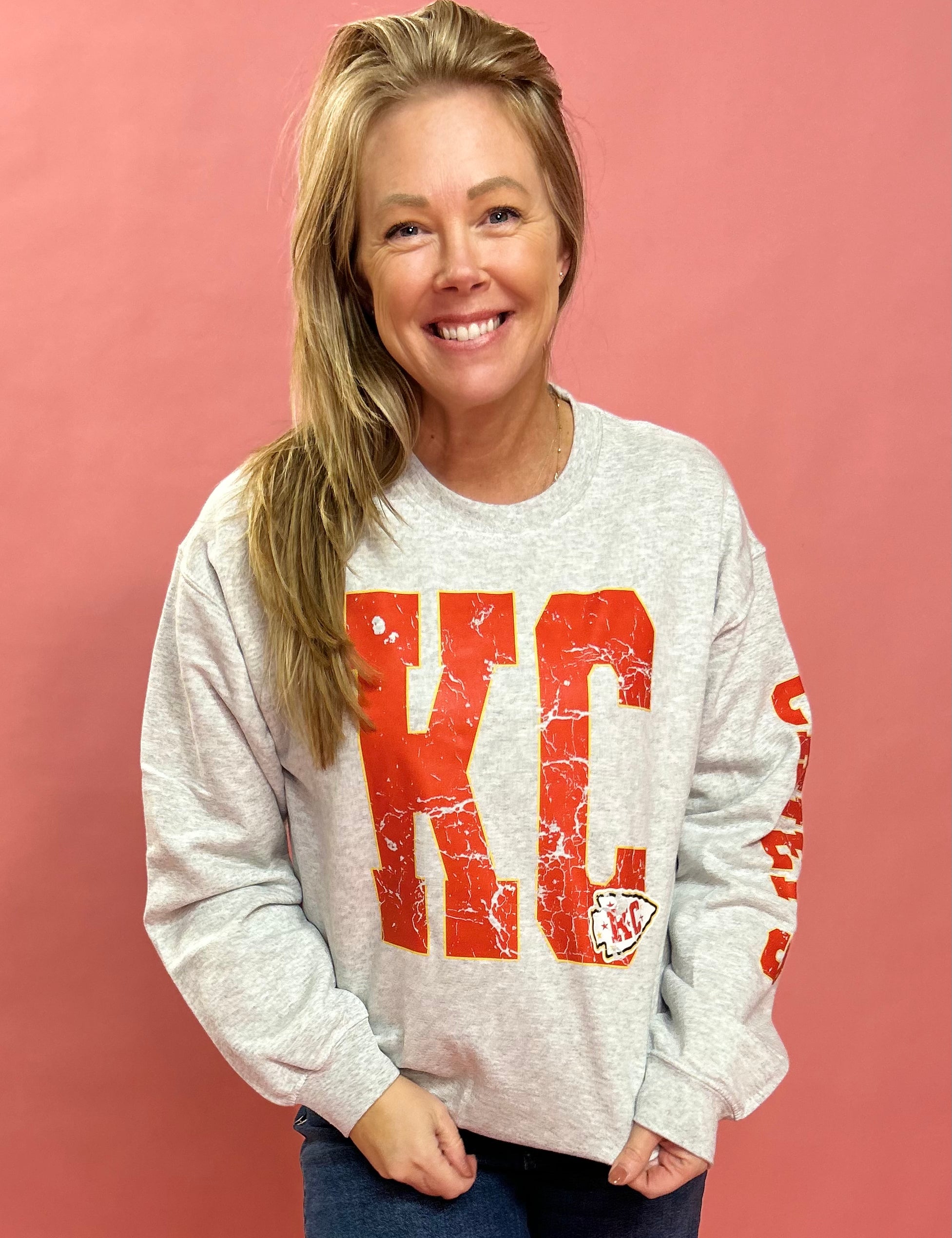 KC Distressed Football Sweatshirt in Grey