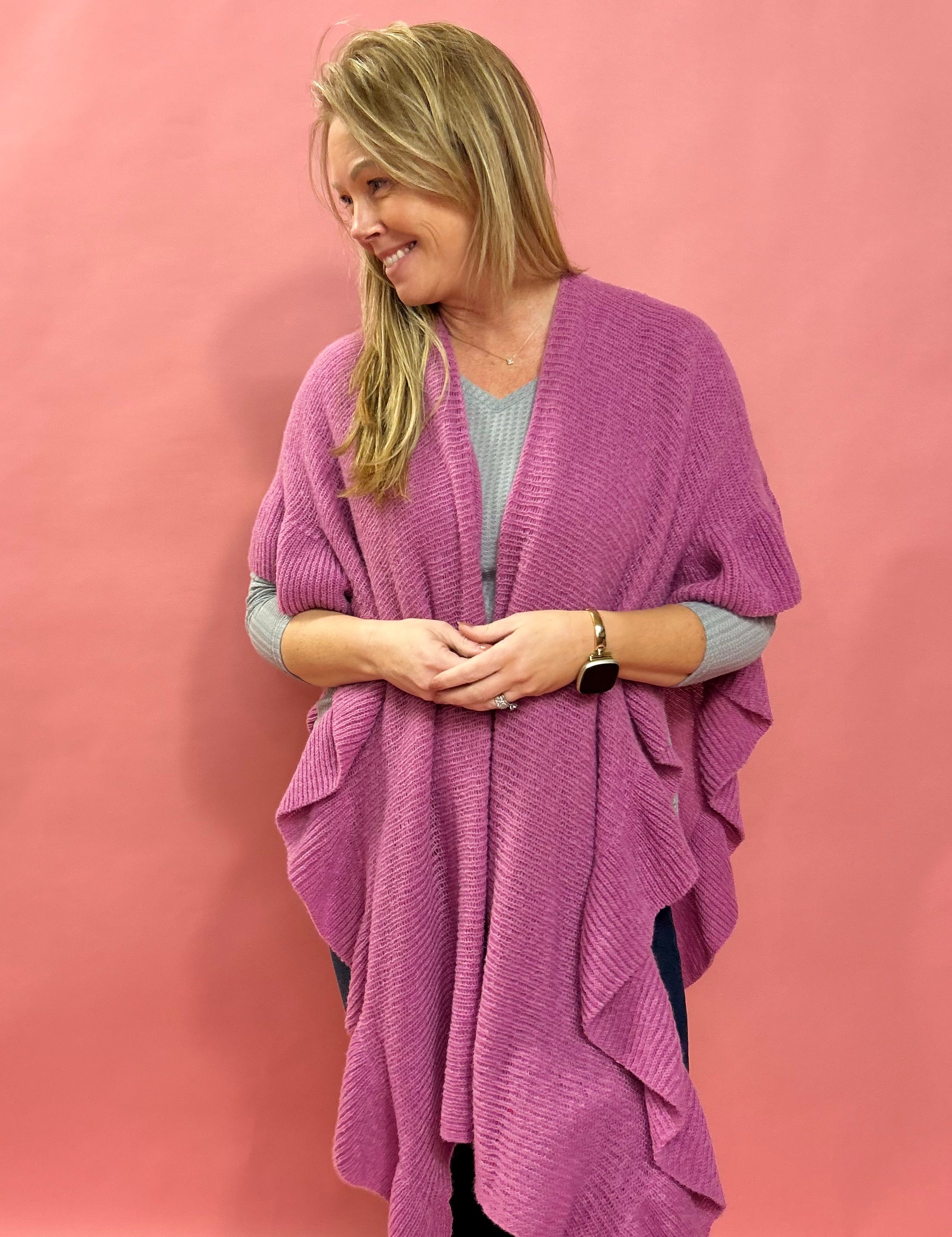 Shawna Knitted Ruffled Sleeve Shawl in Fuchsia