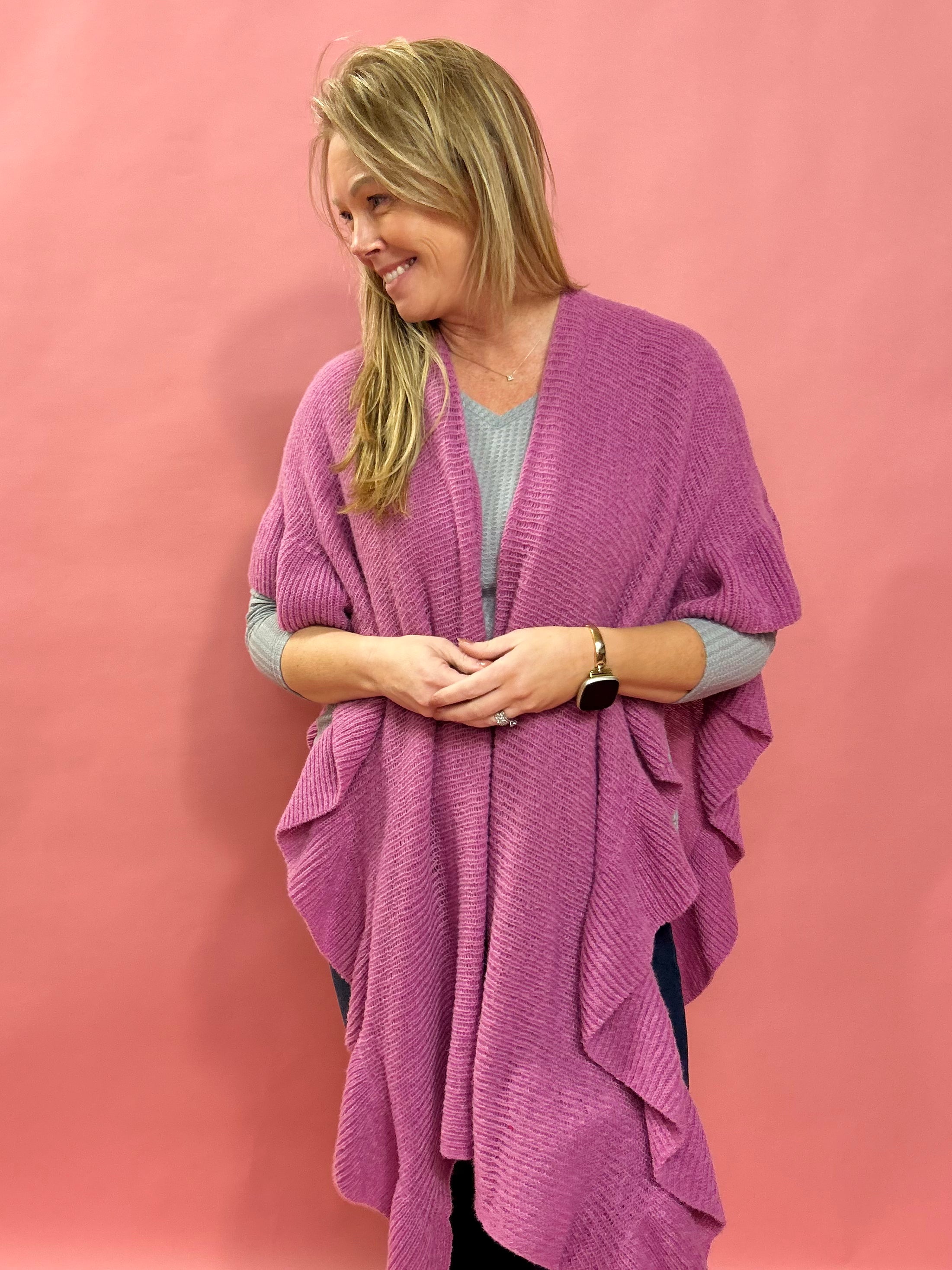 Shawna Knitted Ruffled Sleeve Shawl in Fuchsia