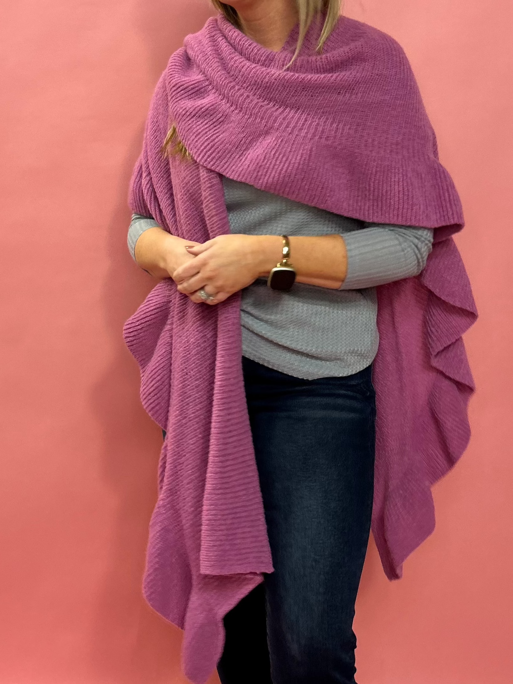 Shawna Knitted Ruffled Sleeve Shawl in Fuchsia