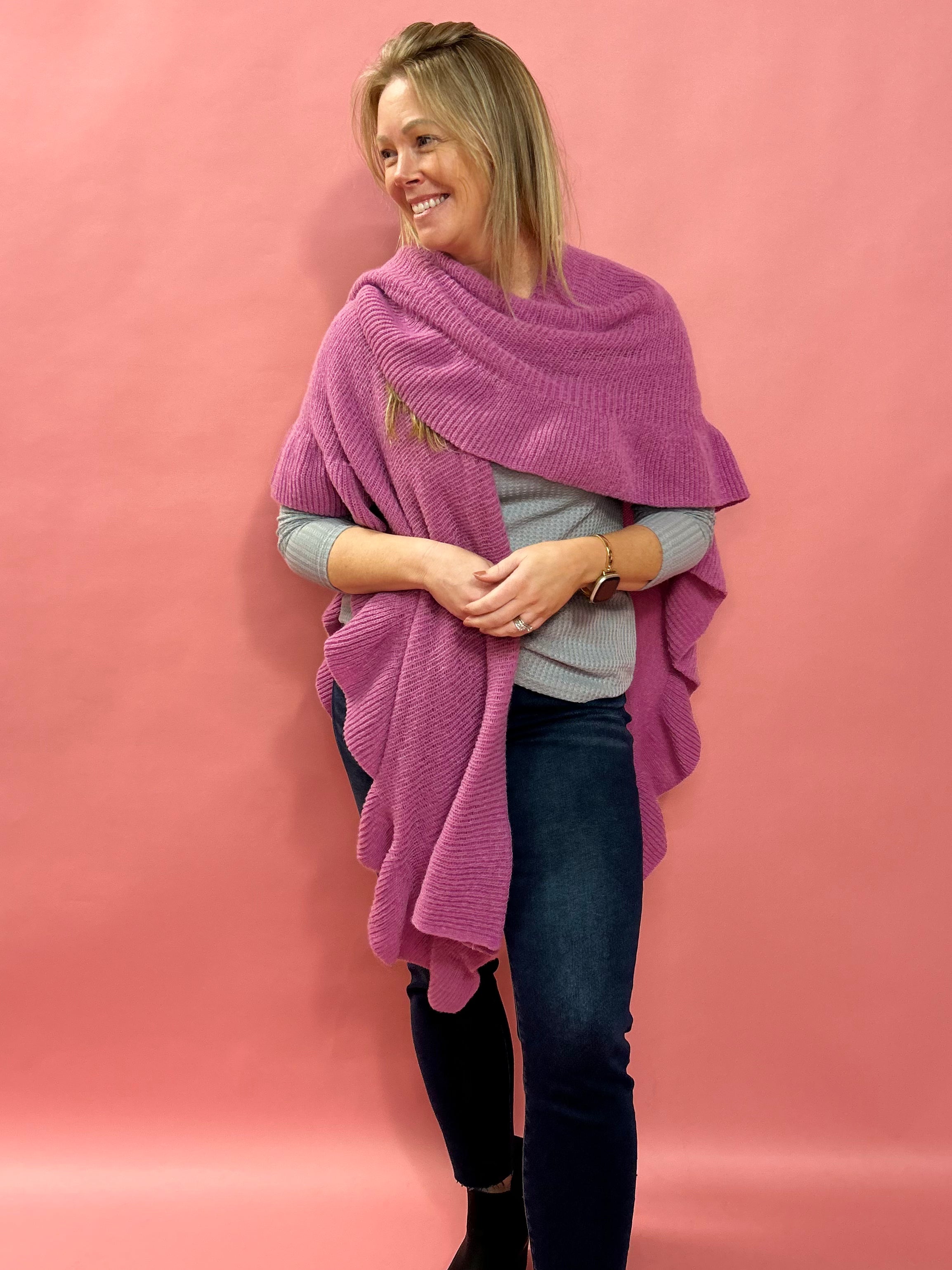 Shawna Knitted Ruffled Sleeve Shawl in Fuchsia