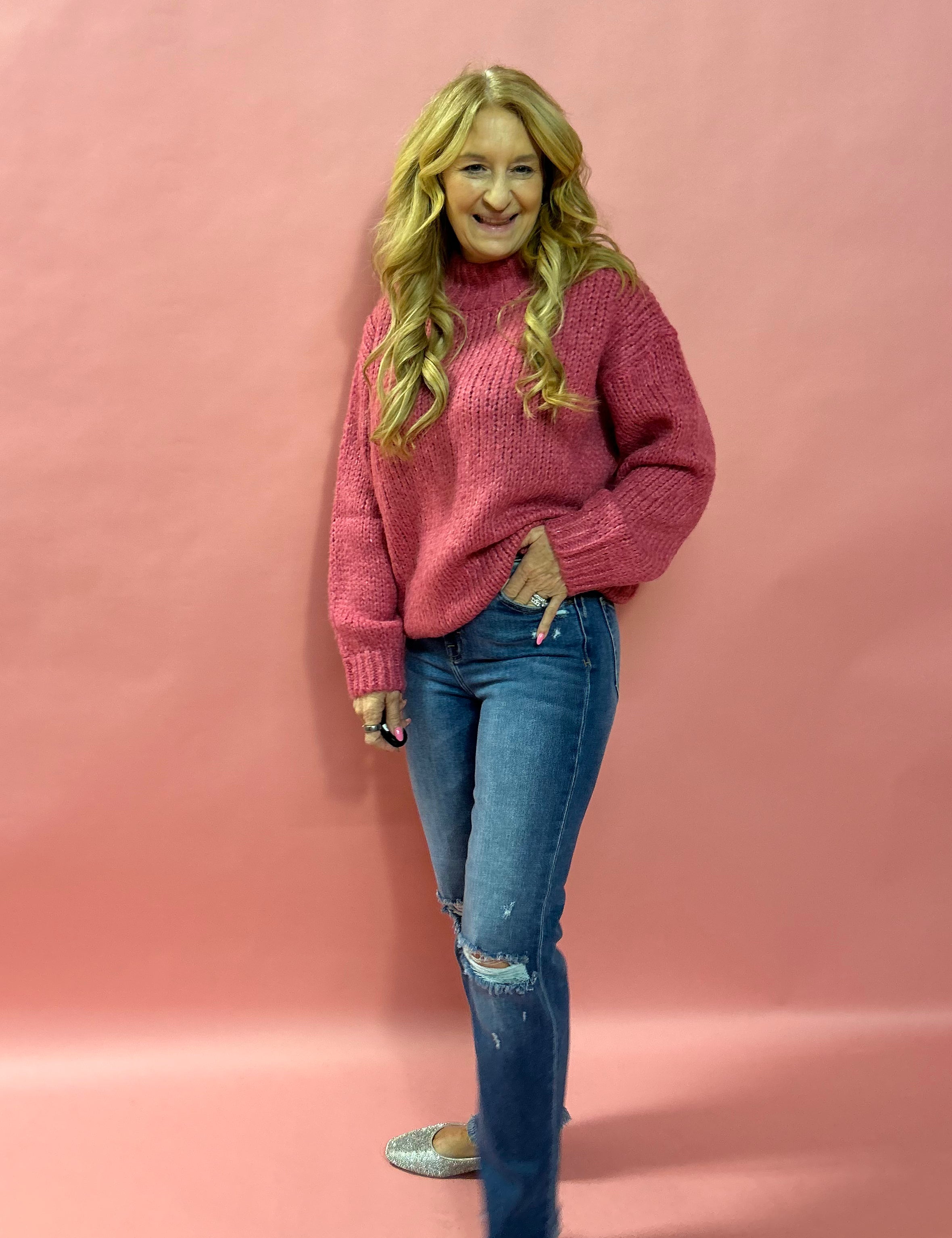 Make You Mine Mock Neck Sweater in Pink