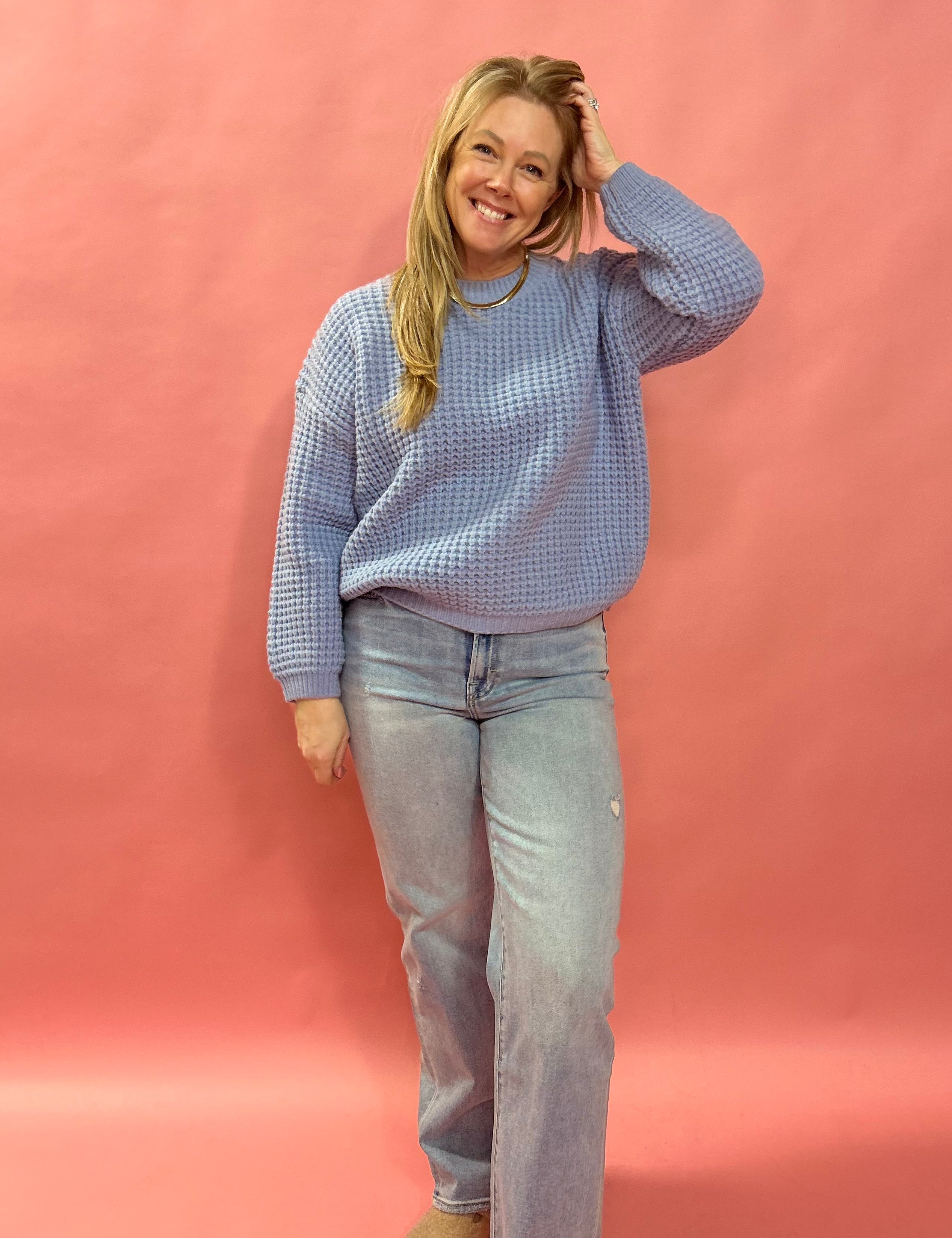 Sweet Daydream Waffle Knit Crew Neck Sweater