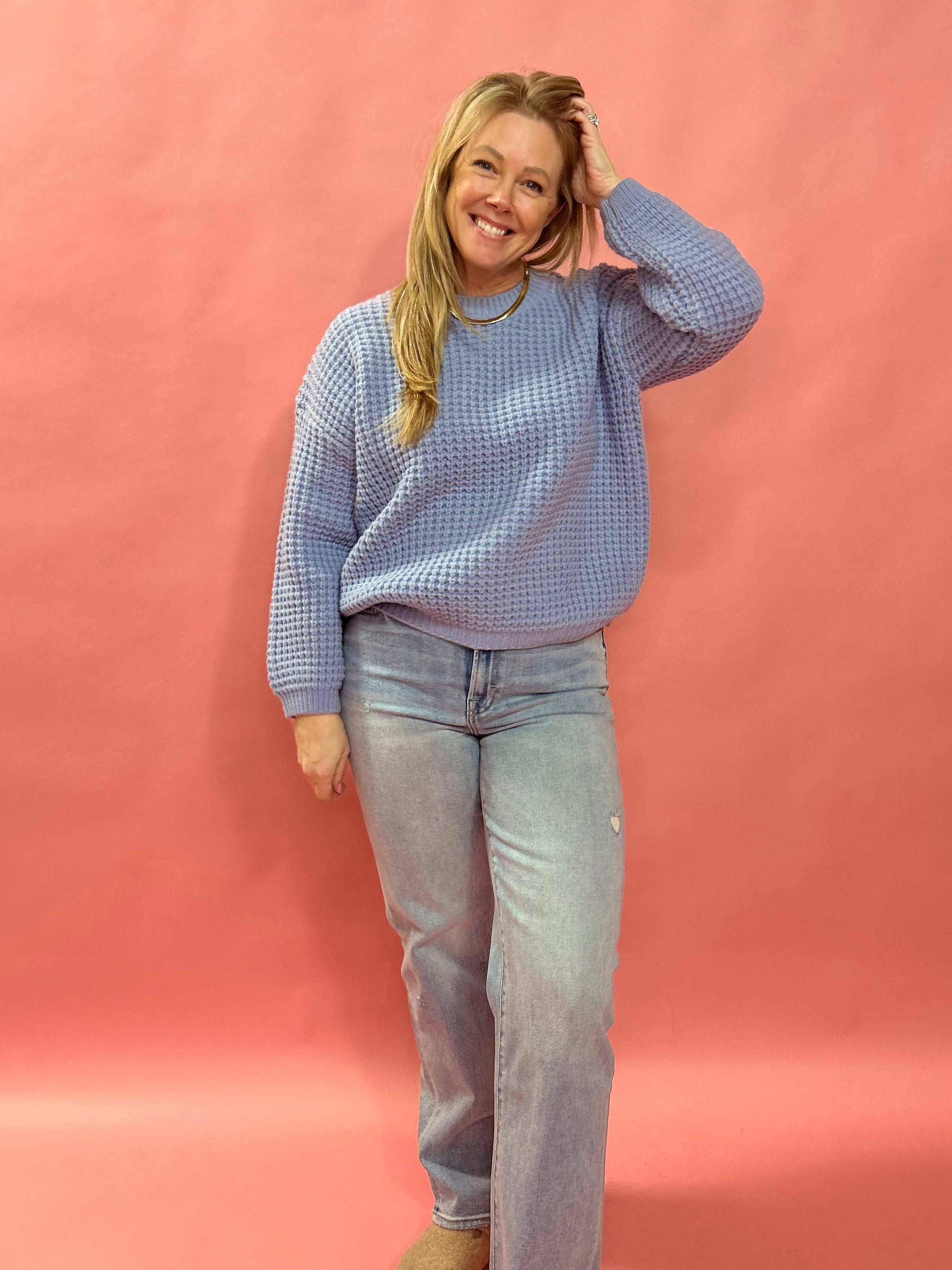 Sweet Daydream Waffle Knit Crew Neck Sweater