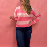 Close Embrace V-Neck Cable Knit Sweater in Pink